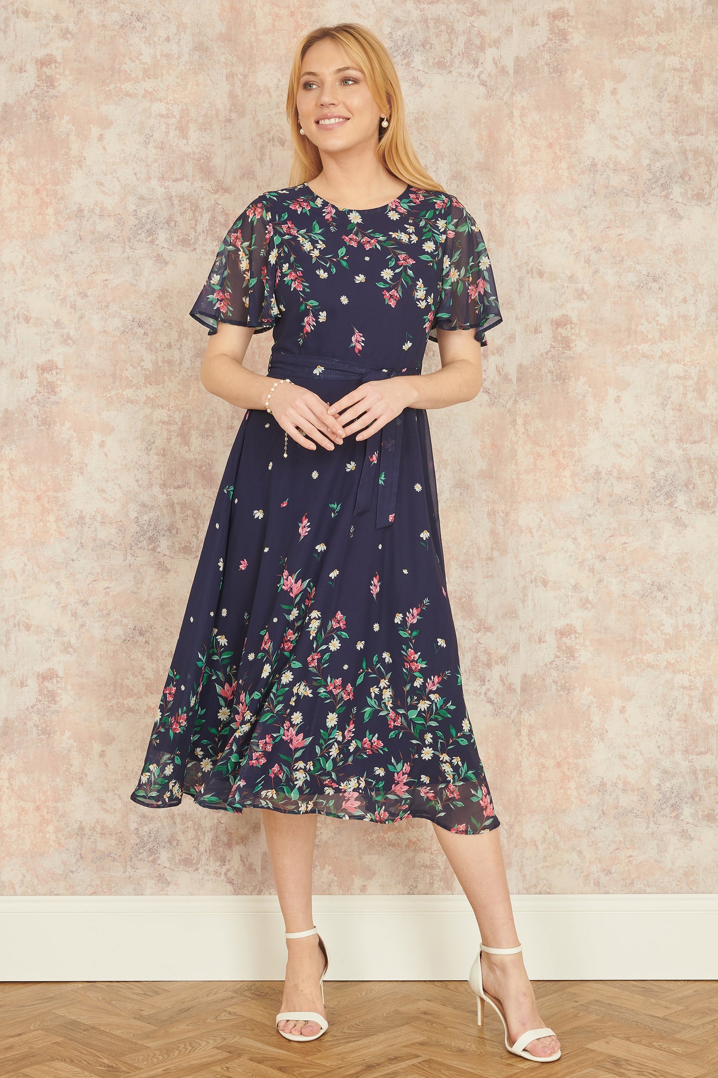 Yumi Navy Daisy Mirror Placement Skater Dress With Angel Sleeves Occasionwear Yumi