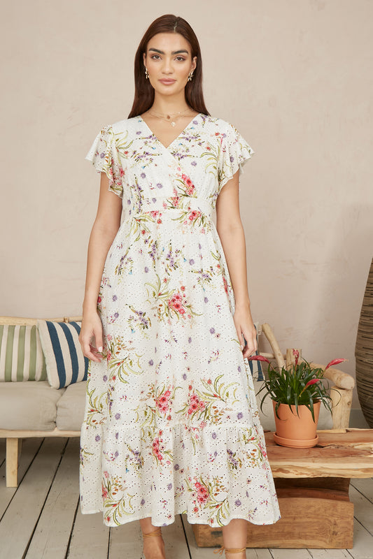 Yumi White Floral Broderie Anglaise Wrap Midi Dress DRES Day Yumi