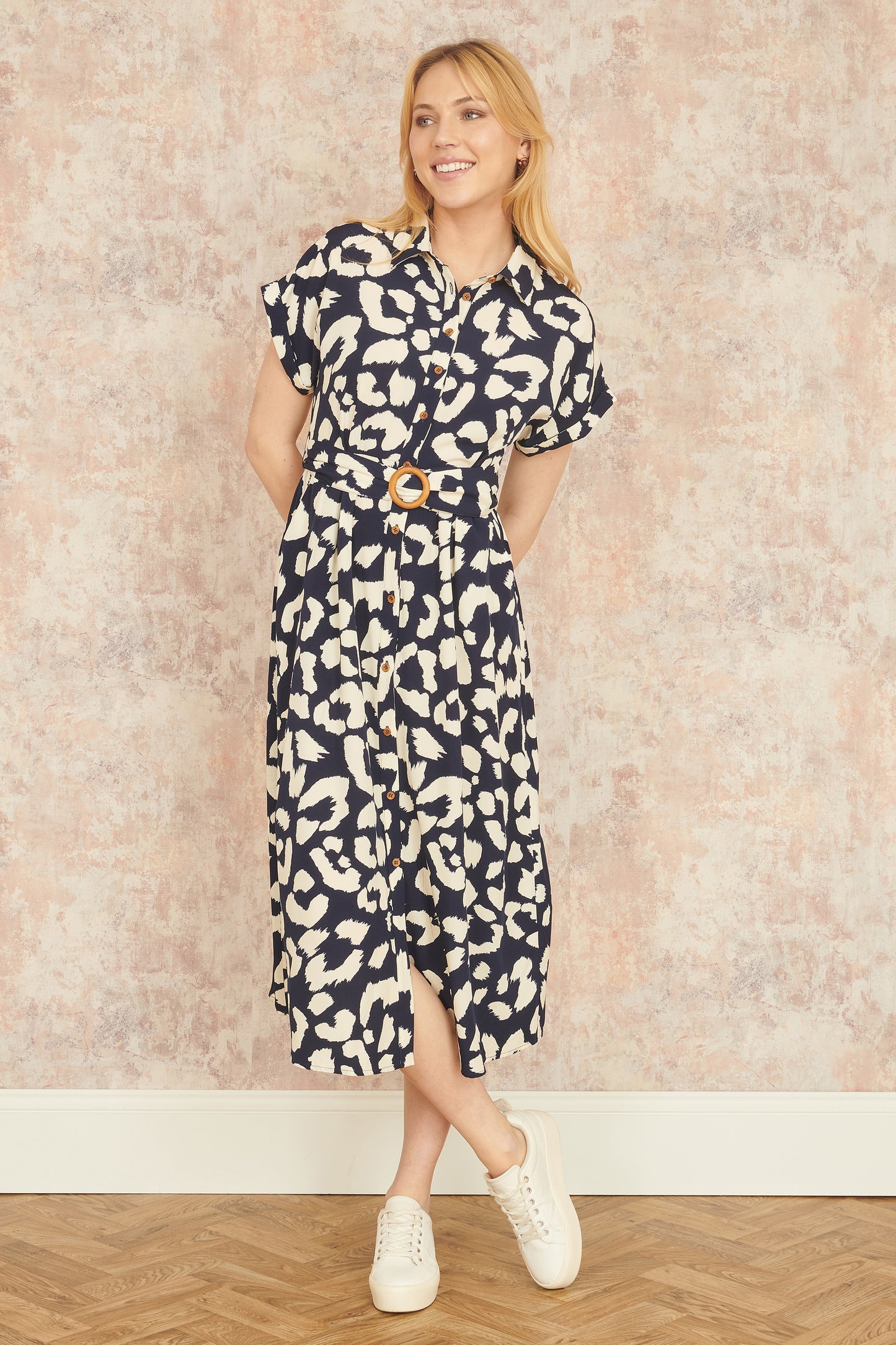 Yumi Navy Abstract Animal Print Relaxed Midi Shirt Dress With Belt DRES Day Yumi