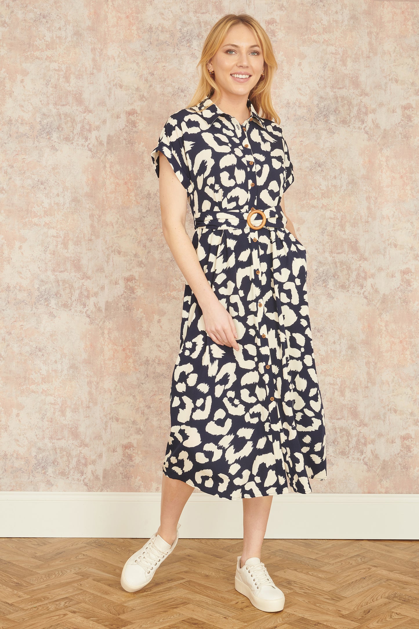 Yumi Navy Abstract Animal Print Relaxed Midi Shirt Dress With Belt DRES Day Yumi