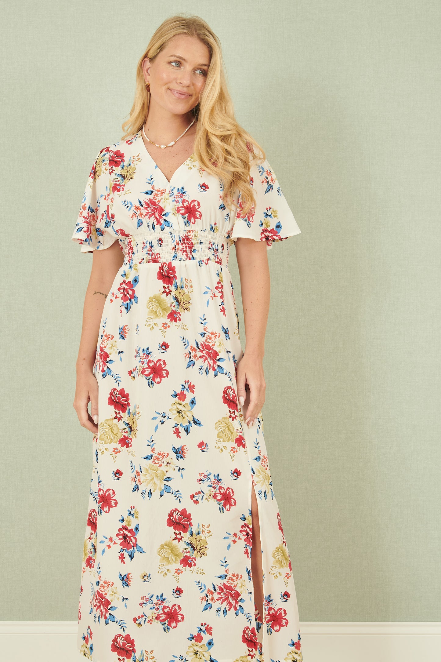 Yumi White Floral Recycled Fabric Ruched Waist Midi Dress DRES Day Yumi