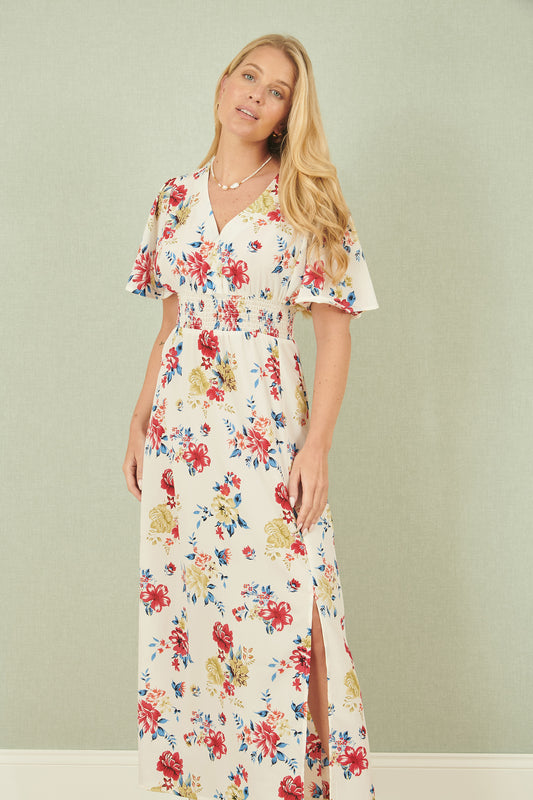 Yumi White Floral Recycled Fabric Ruched Waist Midi Dress DRES Day Yumi