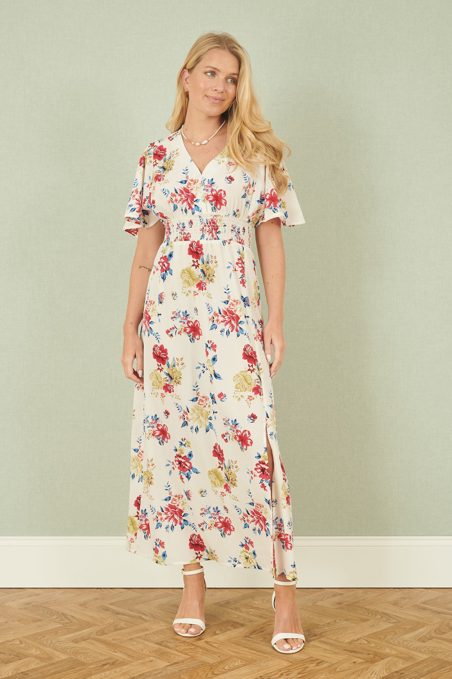 Yumi White Floral Recycled Fabric Ruched Waist Midi Dress DRES Day Yumi