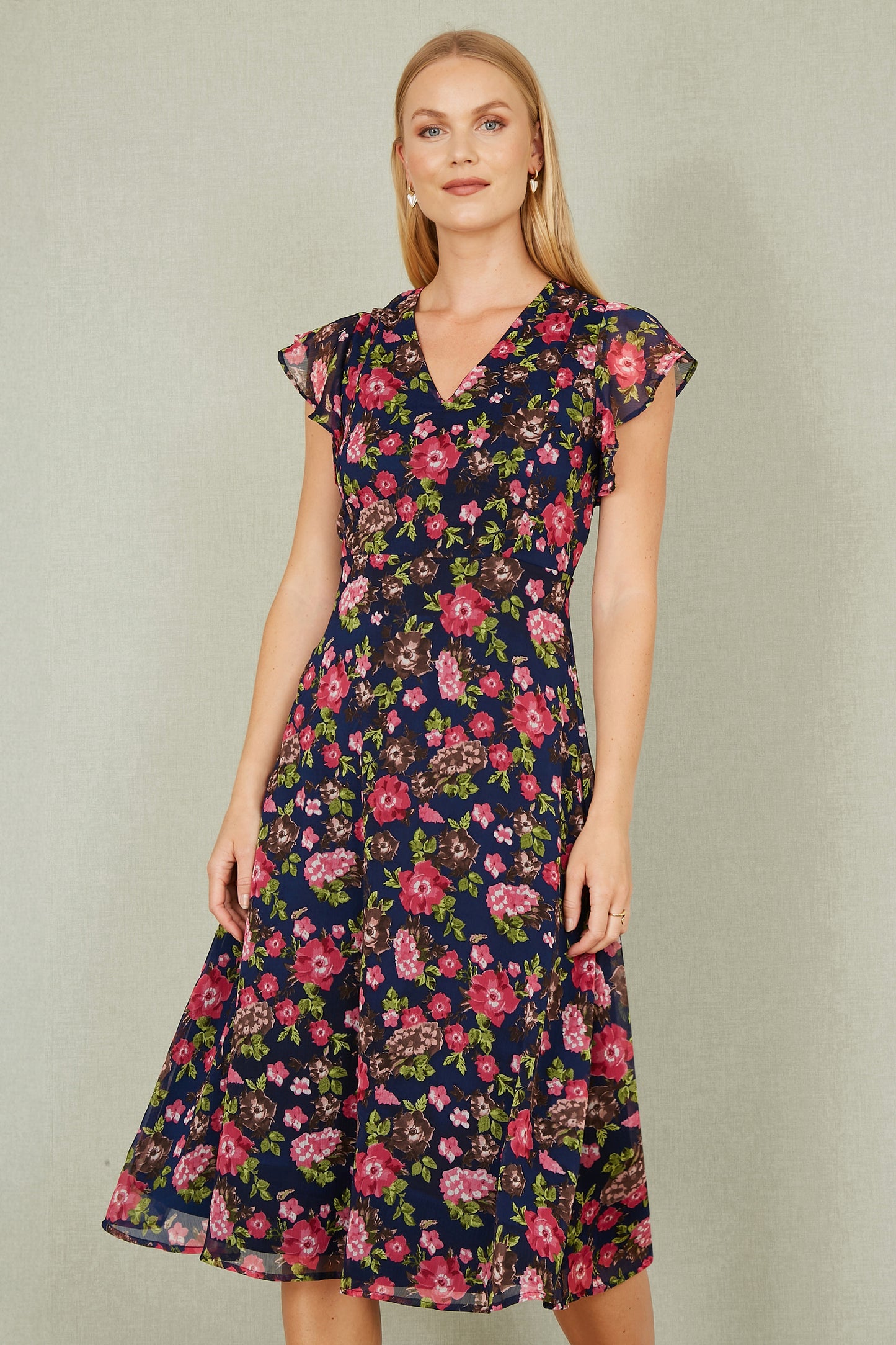 Yumi Navy Floral Midi Skater Dress Occasionwear Yumi