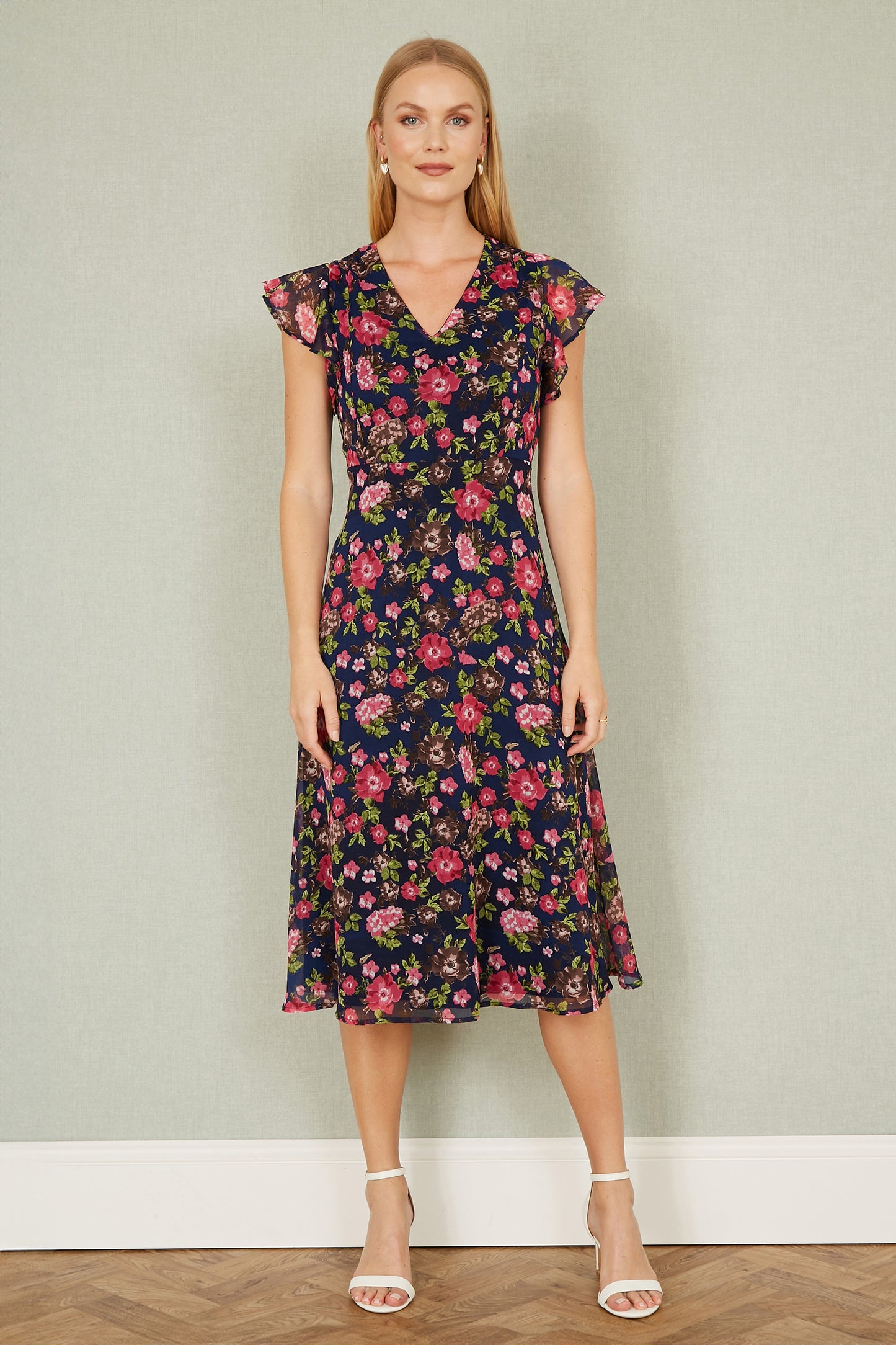 Yumi Navy Floral Midi Skater Dress Occasionwear Yumi