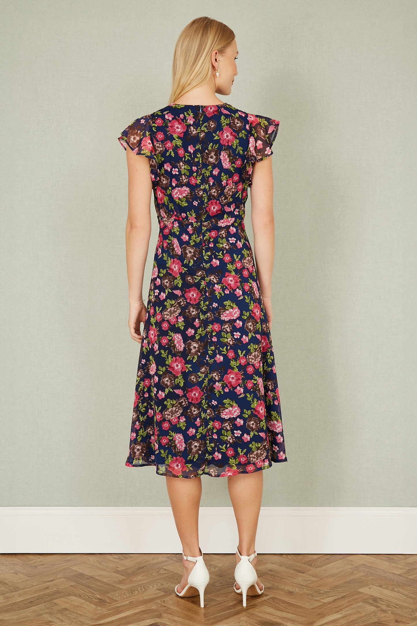 Yumi Navy Floral Midi Skater Dress Occasionwear Yumi