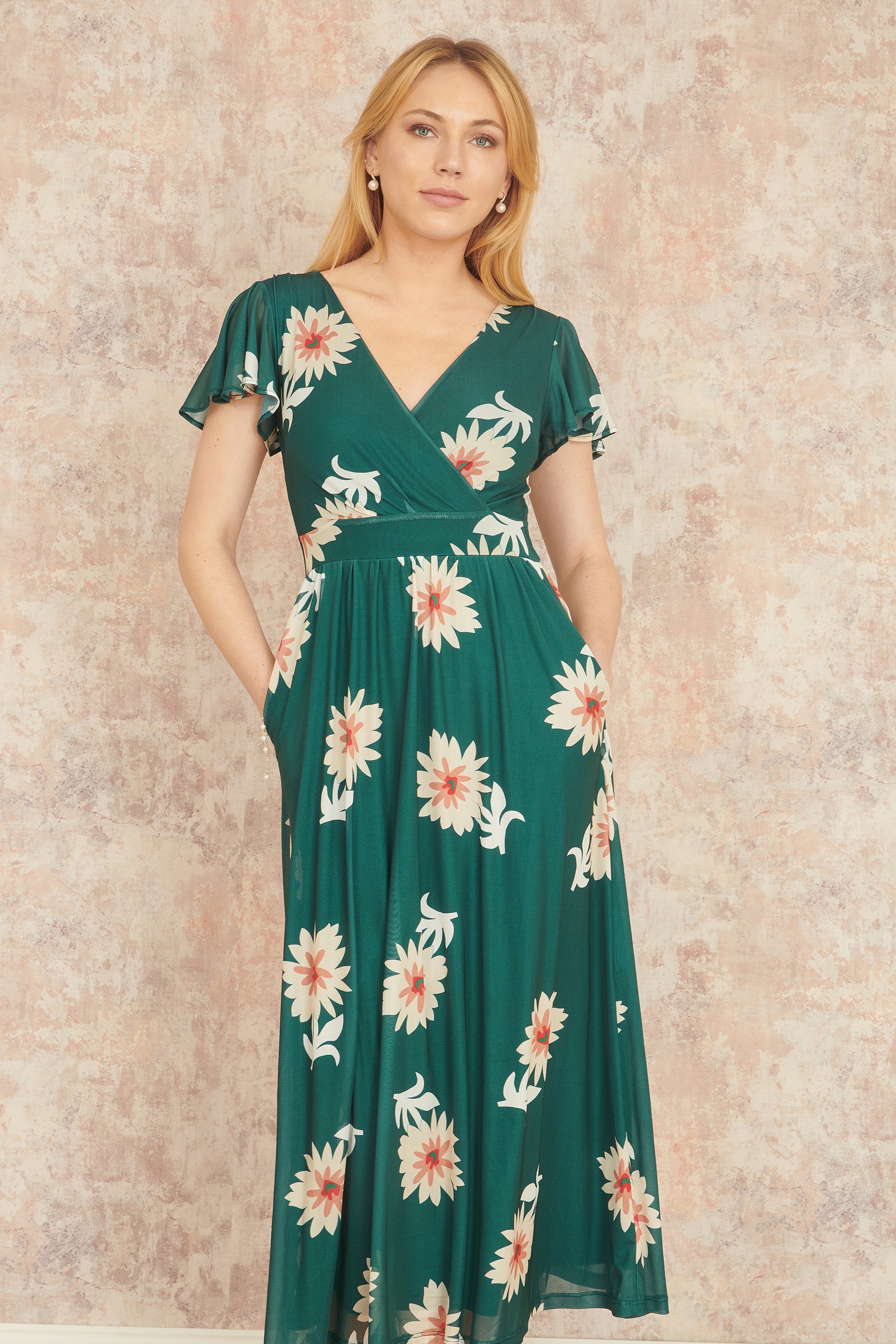 Yumi Green Mesh Flower Wrap Midi Dress With Pockets Occasionwear Yumi