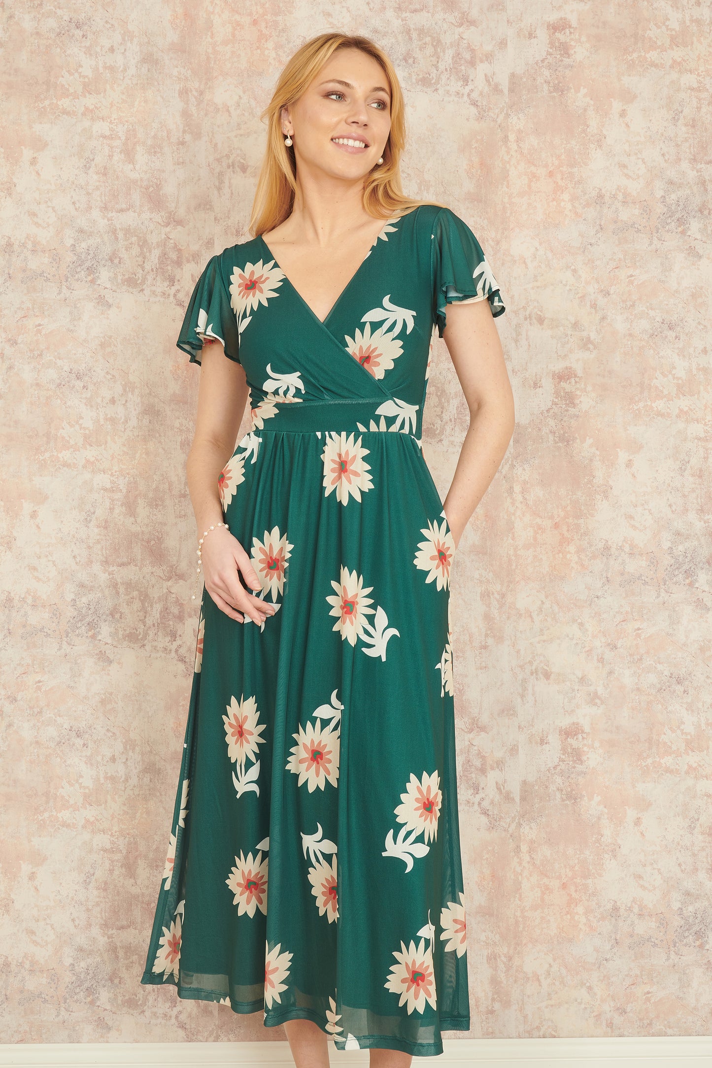 Yumi Green Mesh Flower Wrap Midi Dress With Pockets Occasionwear Yumi