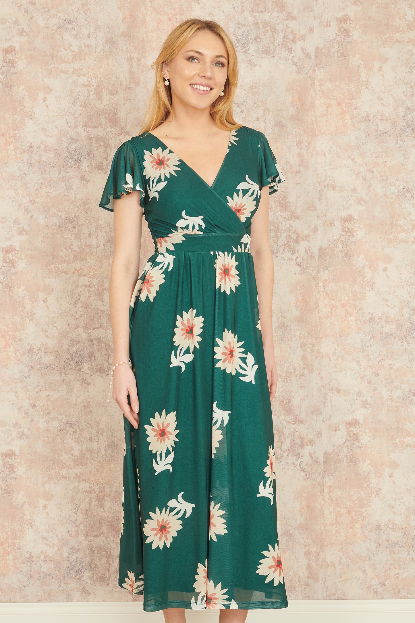 Yumi Green Mesh Flower Wrap Midi Dress With Pockets Occasionwear Yumi