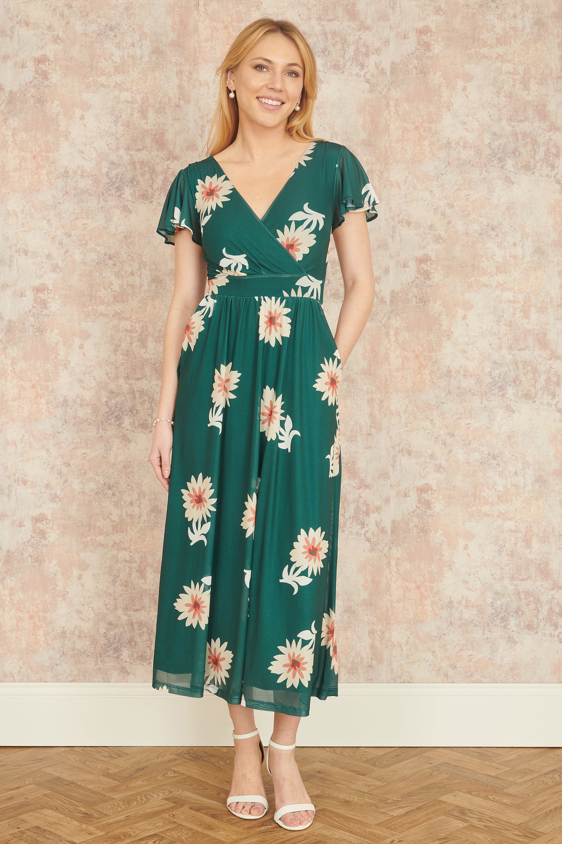 Yumi Green Mesh Flower Wrap Midi Dress With Pockets Occasionwear Yumi