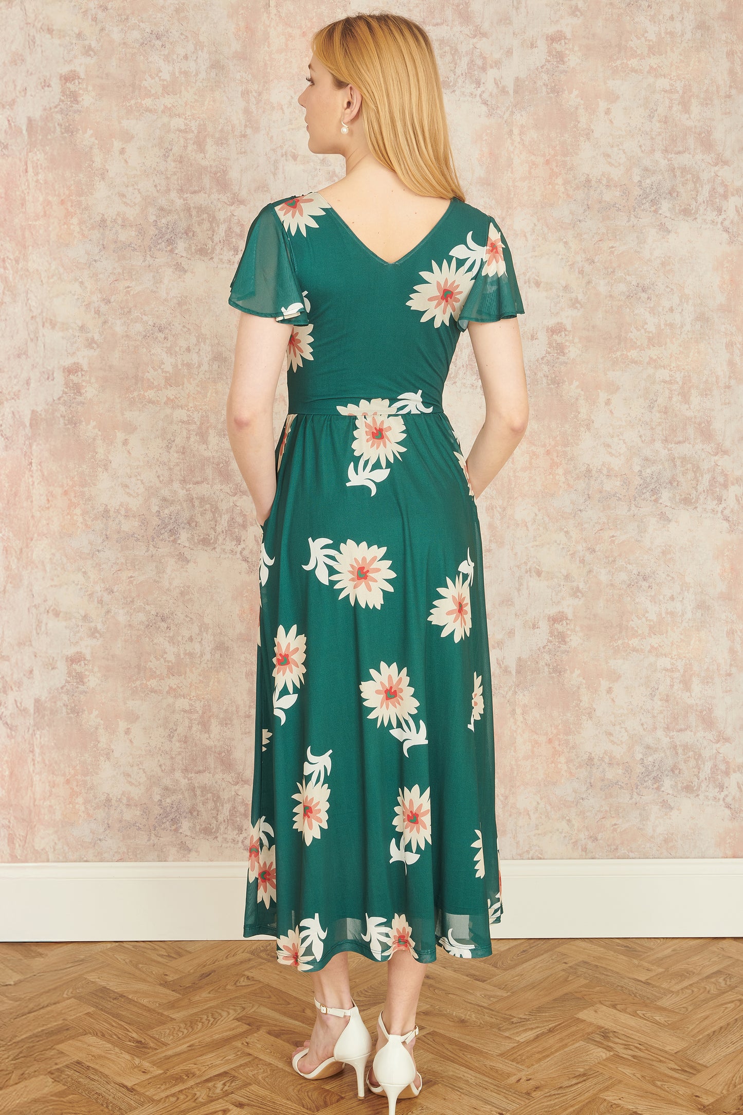 Yumi Green Mesh Flower Wrap Midi Dress With Pockets Occasionwear Yumi