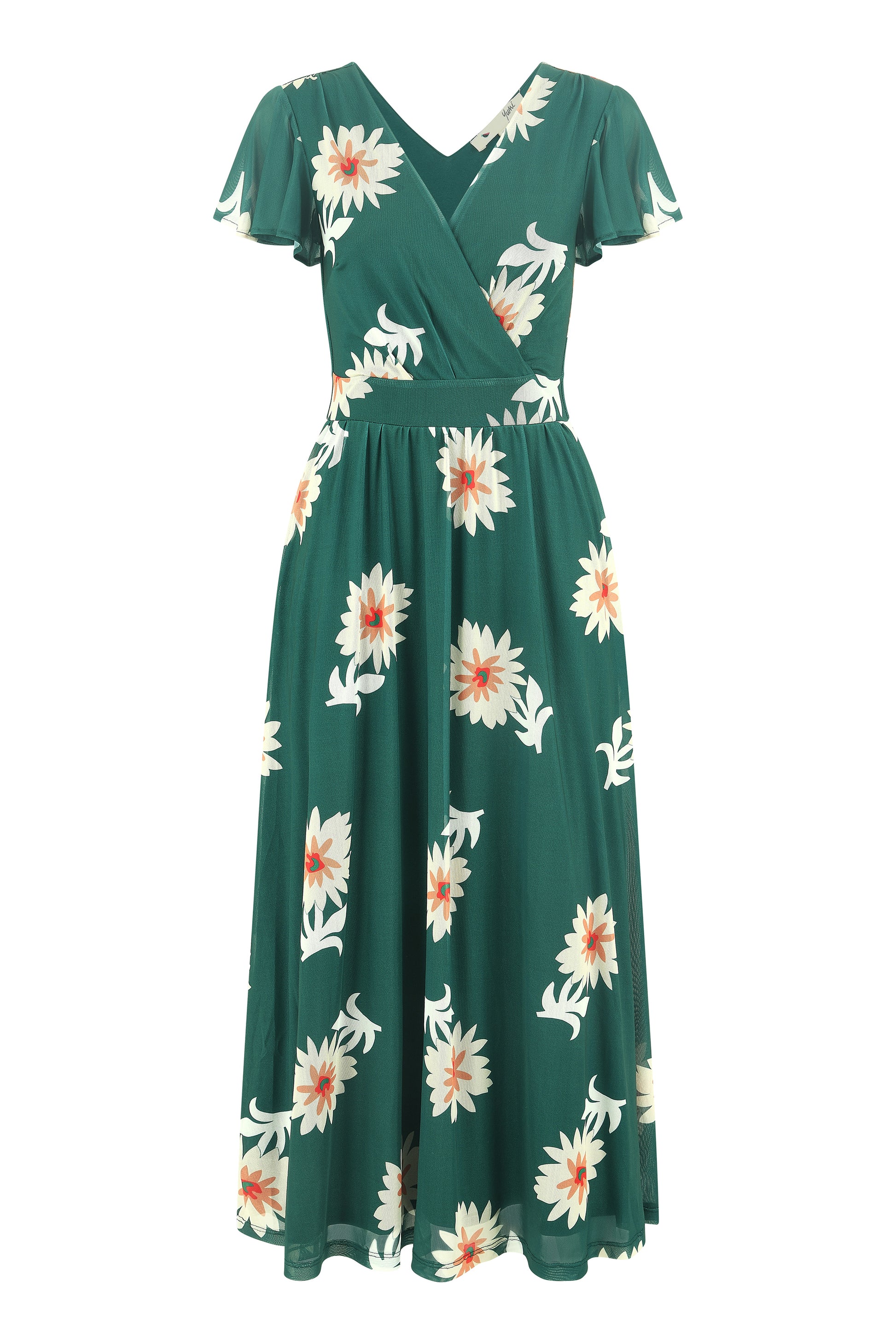 Yumi Green Mesh Flower Wrap Midi Dress With Pockets Occasionwear Yumi