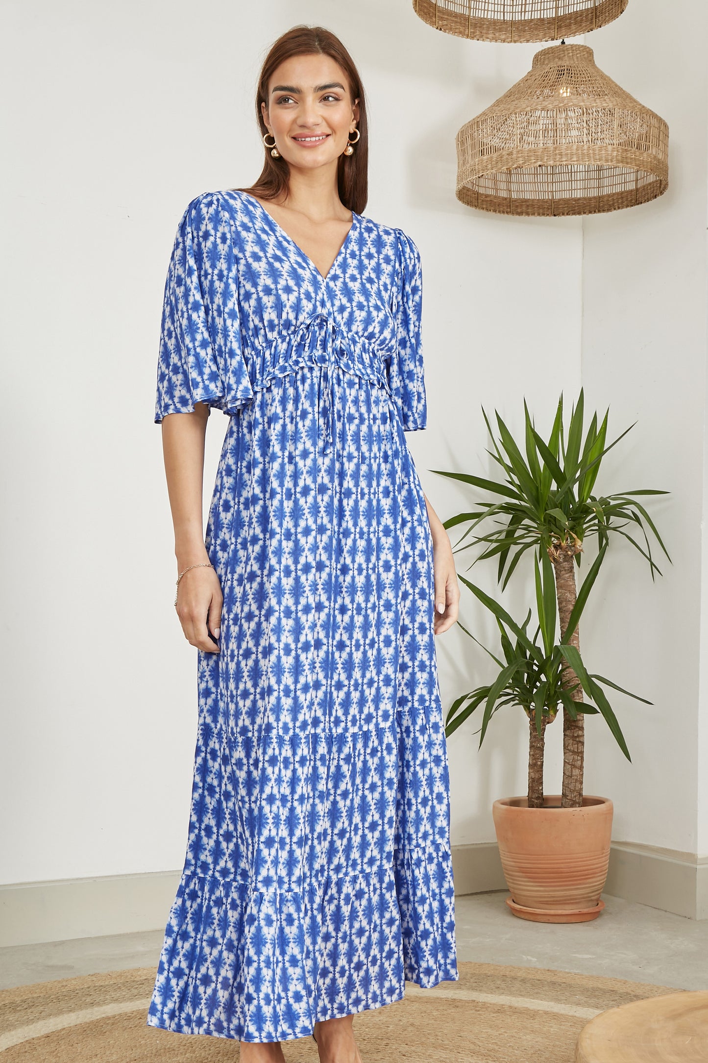 Yumi Blue Aztec Print Maxi Dress With Cross Over Back DRES Day Yumi