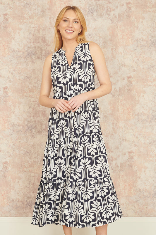 Yumi Navy Retro Print Relaxed Midi Dress DRES Day Yumi