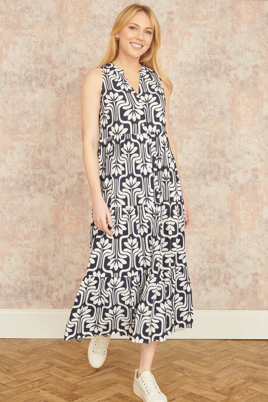 Yumi Navy Retro Print Relaxed Midi Dress DRES Day Yumi