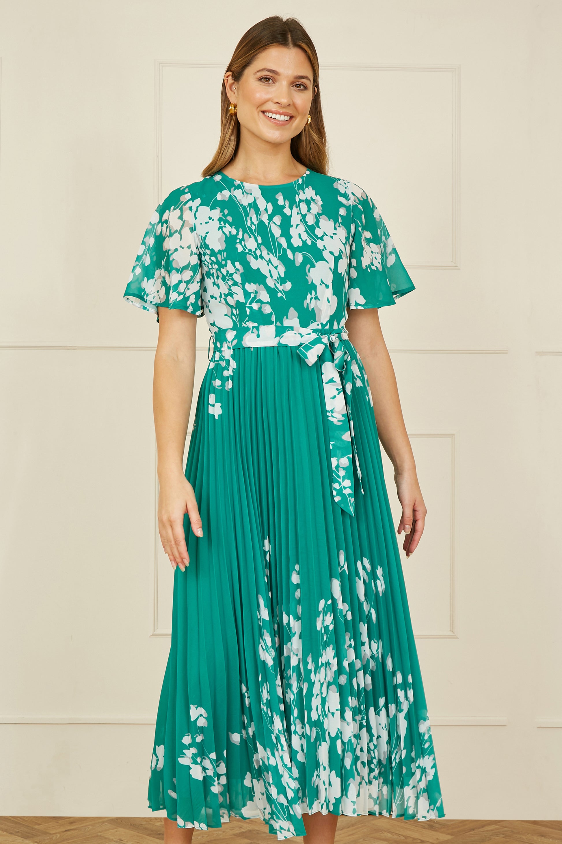 Yumi Green Mirror Floral Design Pleated Midi Dress Occasionwear Yumi