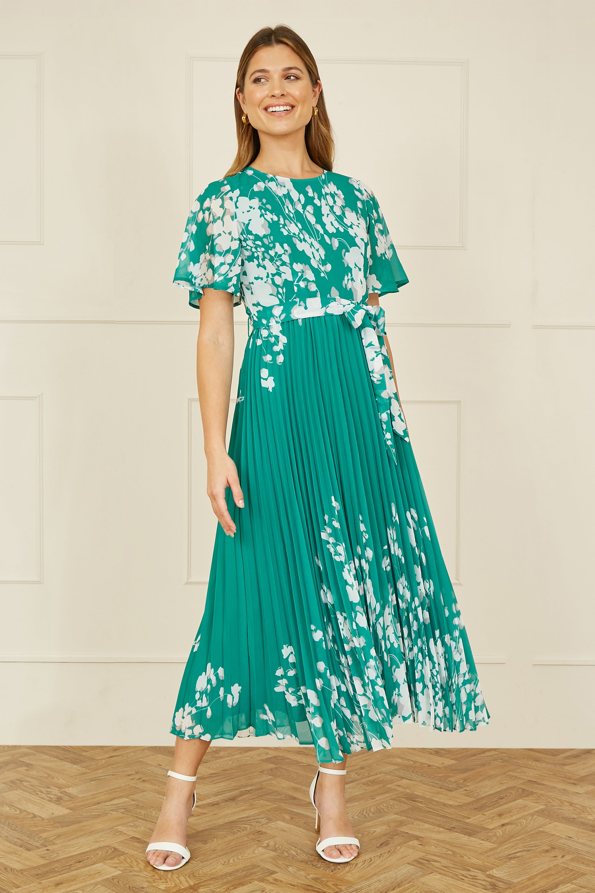 Yumi Green Mirror Floral Design Pleated Midi Dress Occasionwear Yumi