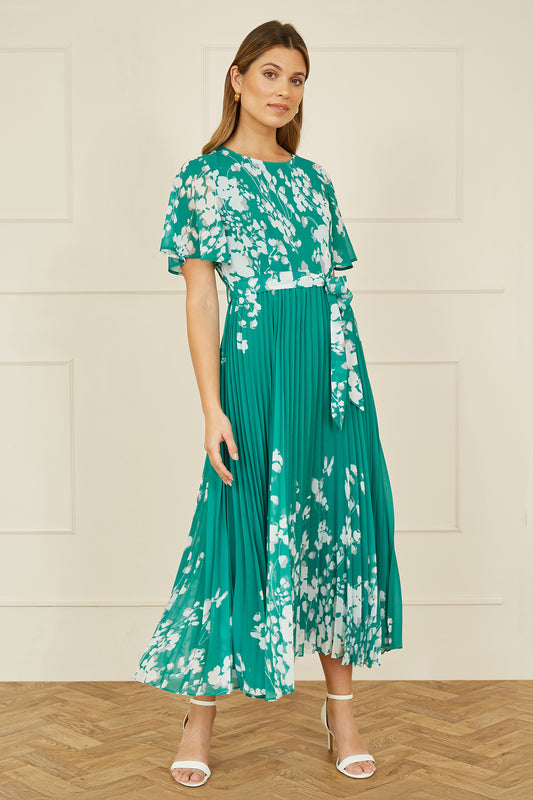 Yumi Green Mirror Floral Design Pleated Midi Dress Occasionwear Yumi