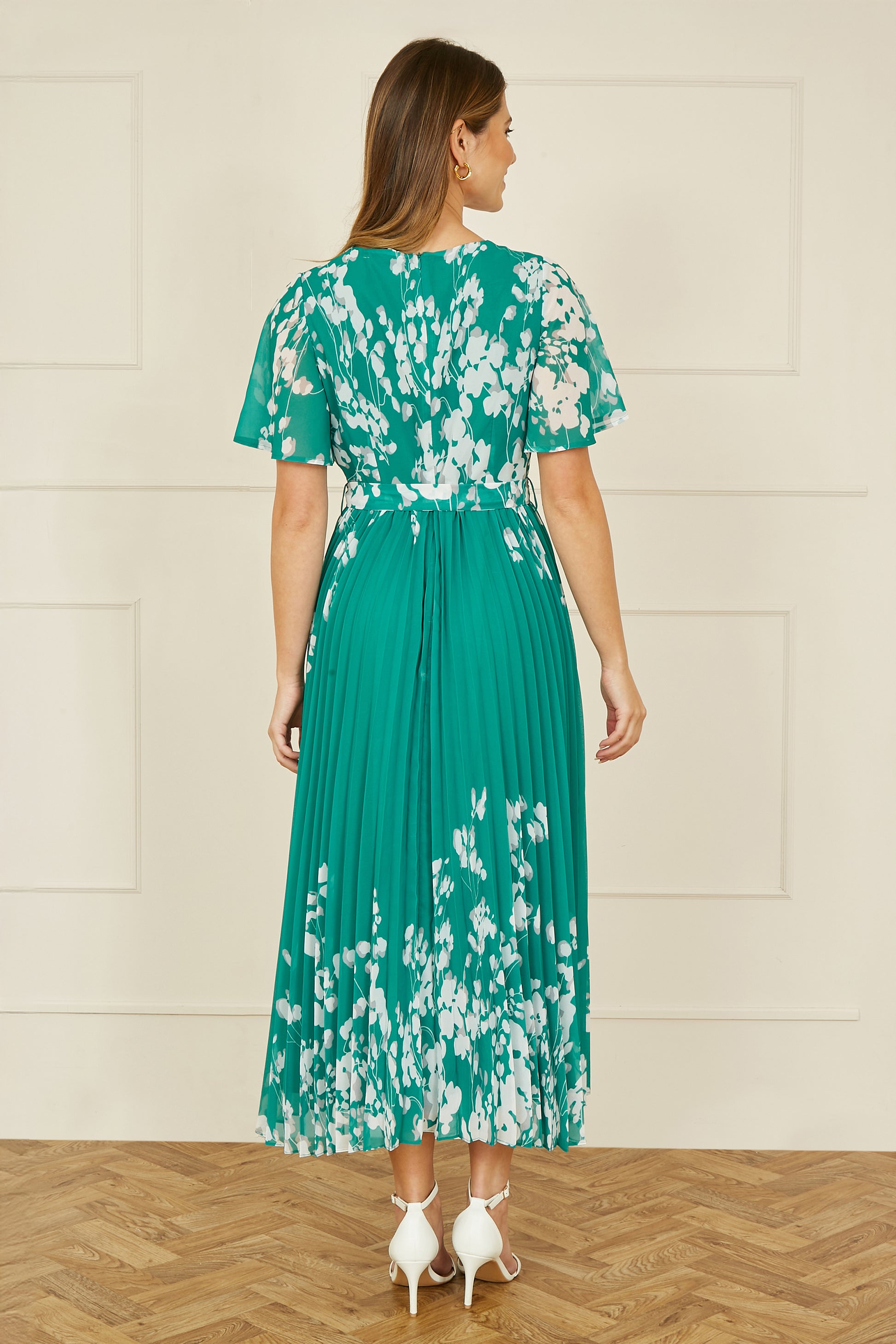 Yumi Green Mirror Floral Design Pleated Midi Dress Occasionwear Yumi