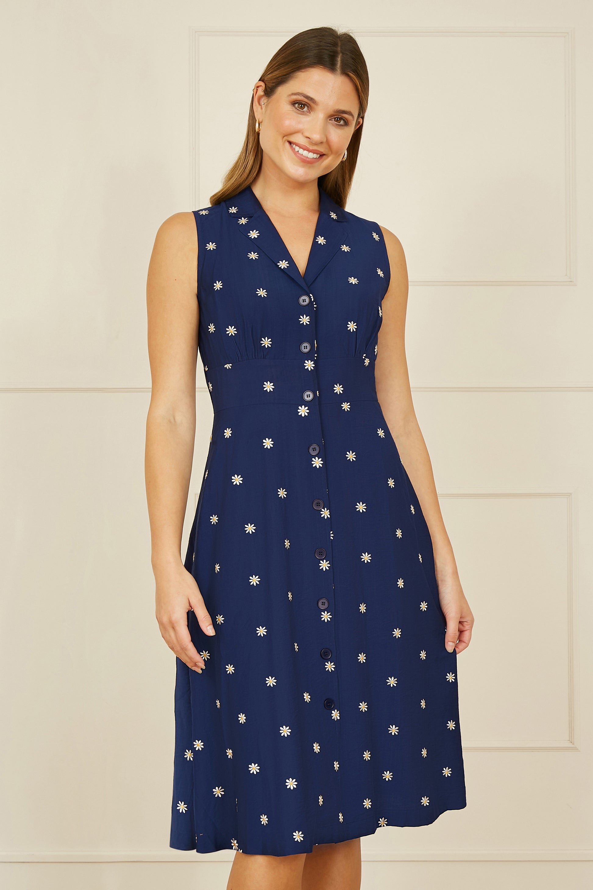 Yumi Navy Daisy Print Sleeveless Shirt Dress DRES Day Yumi