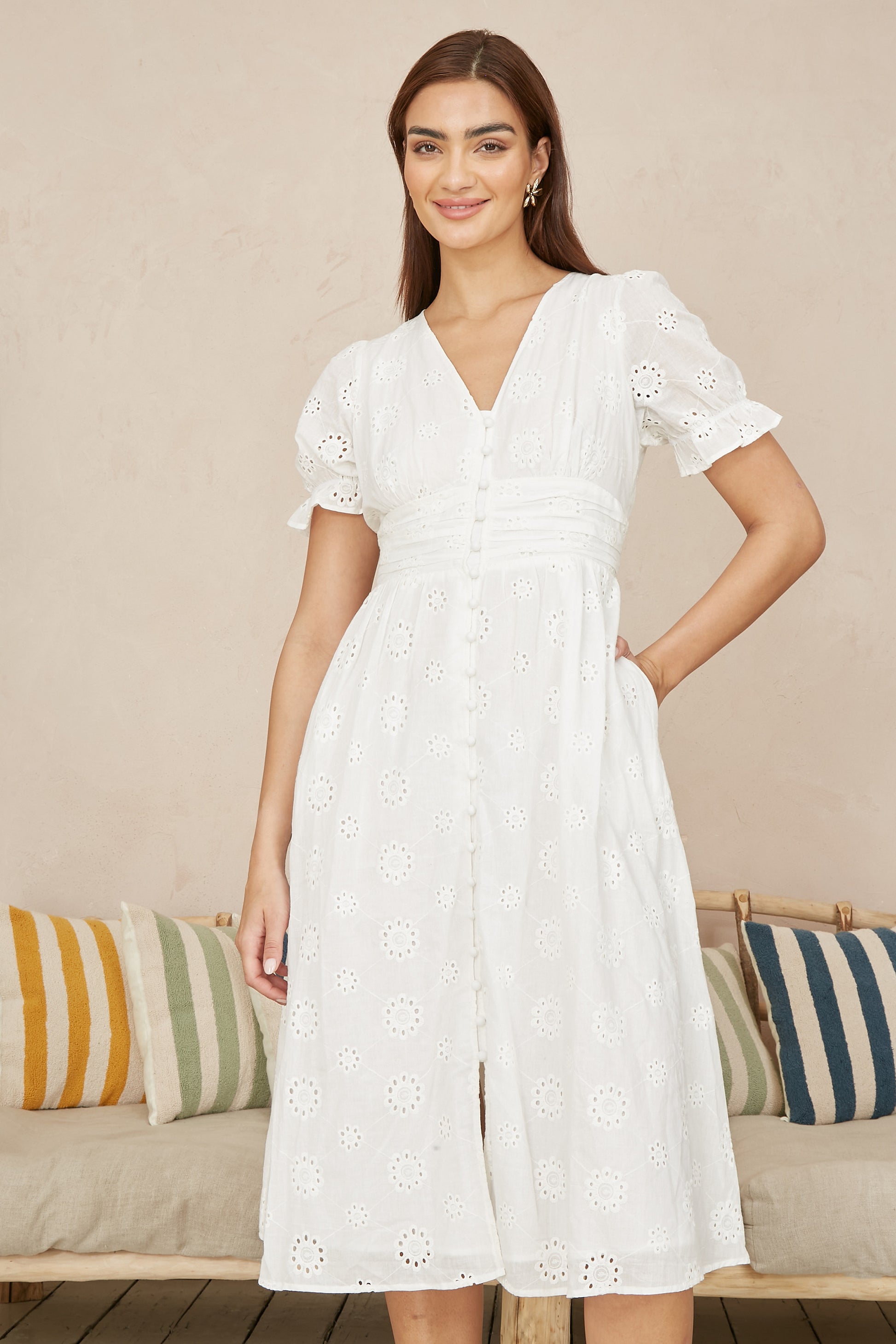 Yumi White Cotton Broderie Anglaise Midi Button Up Dress DRES Day Yumi