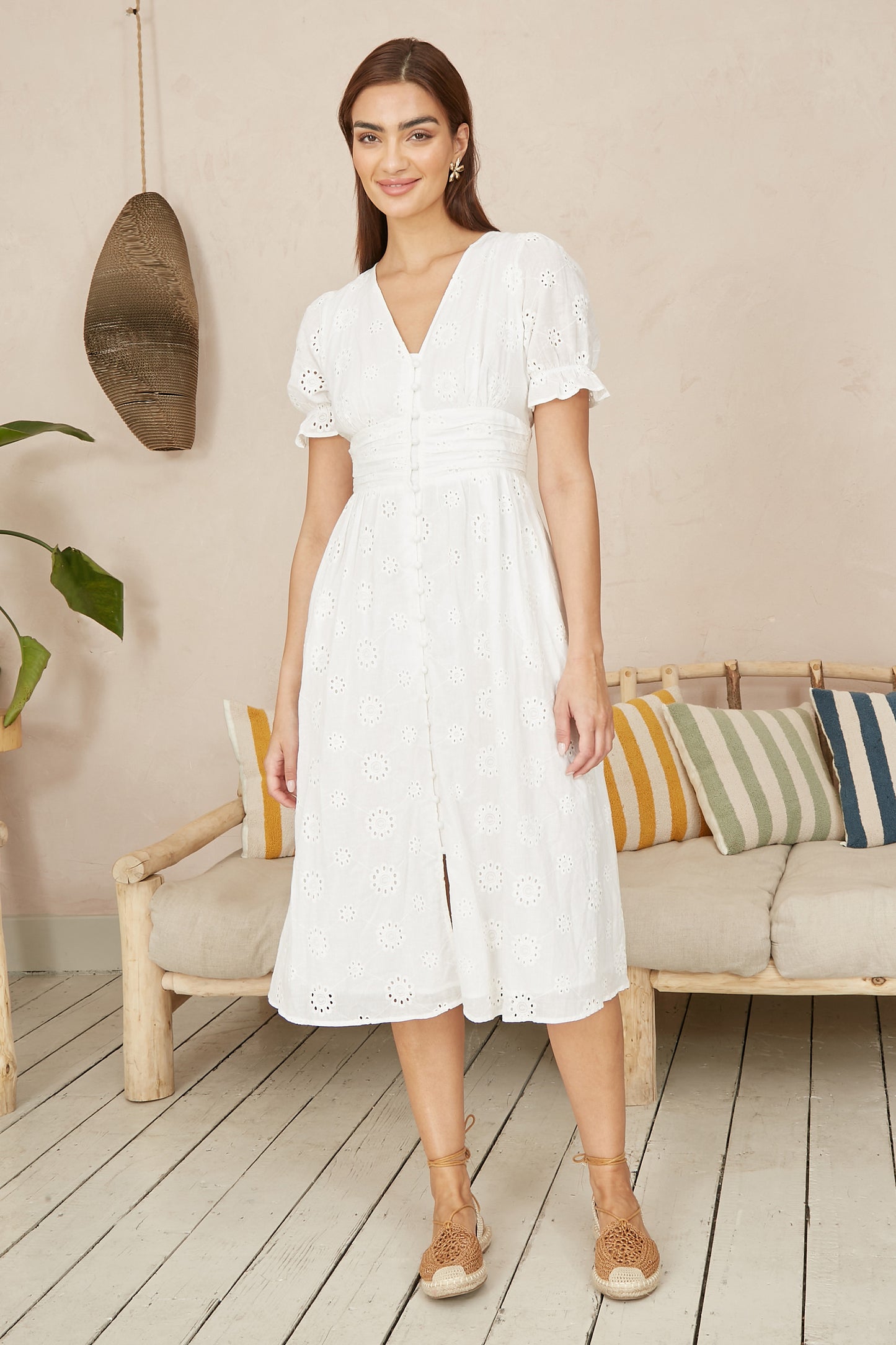 Yumi White Cotton Broderie Anglaise Midi Button Up Dress DRES Day Yumi