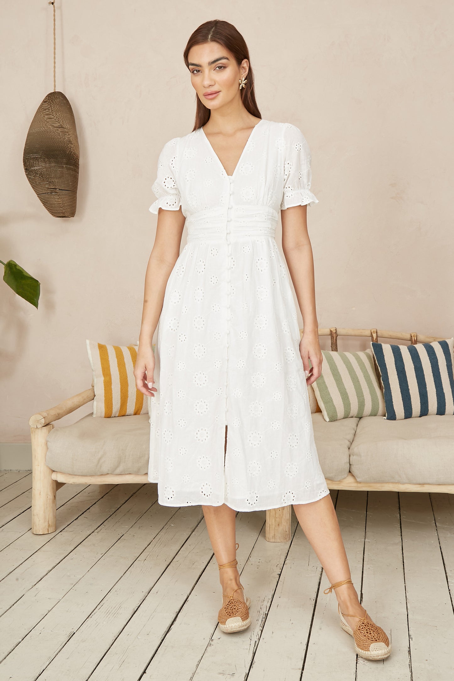 Yumi White Cotton Broderie Anglaise Midi Button Up Dress DRES Day Yumi