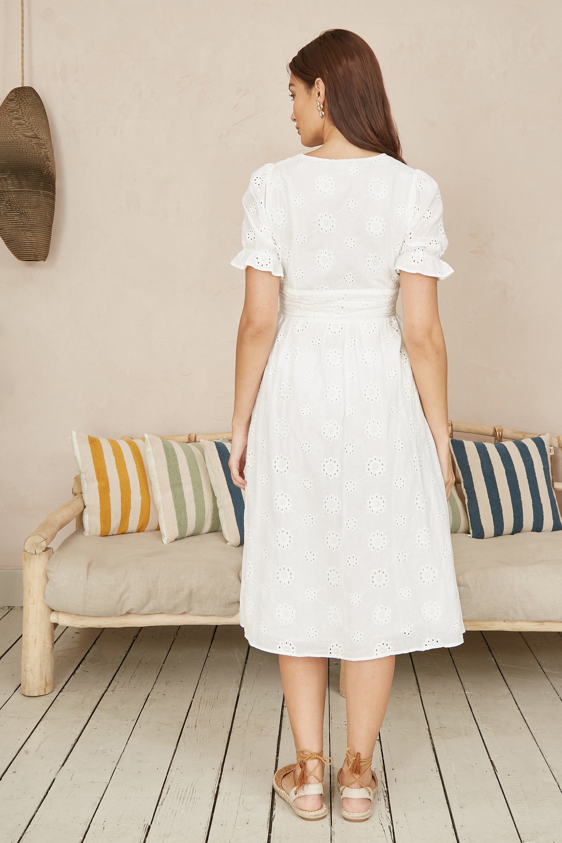 Yumi White Cotton Broderie Anglaise Midi Button Up Dress DRES Day Yumi