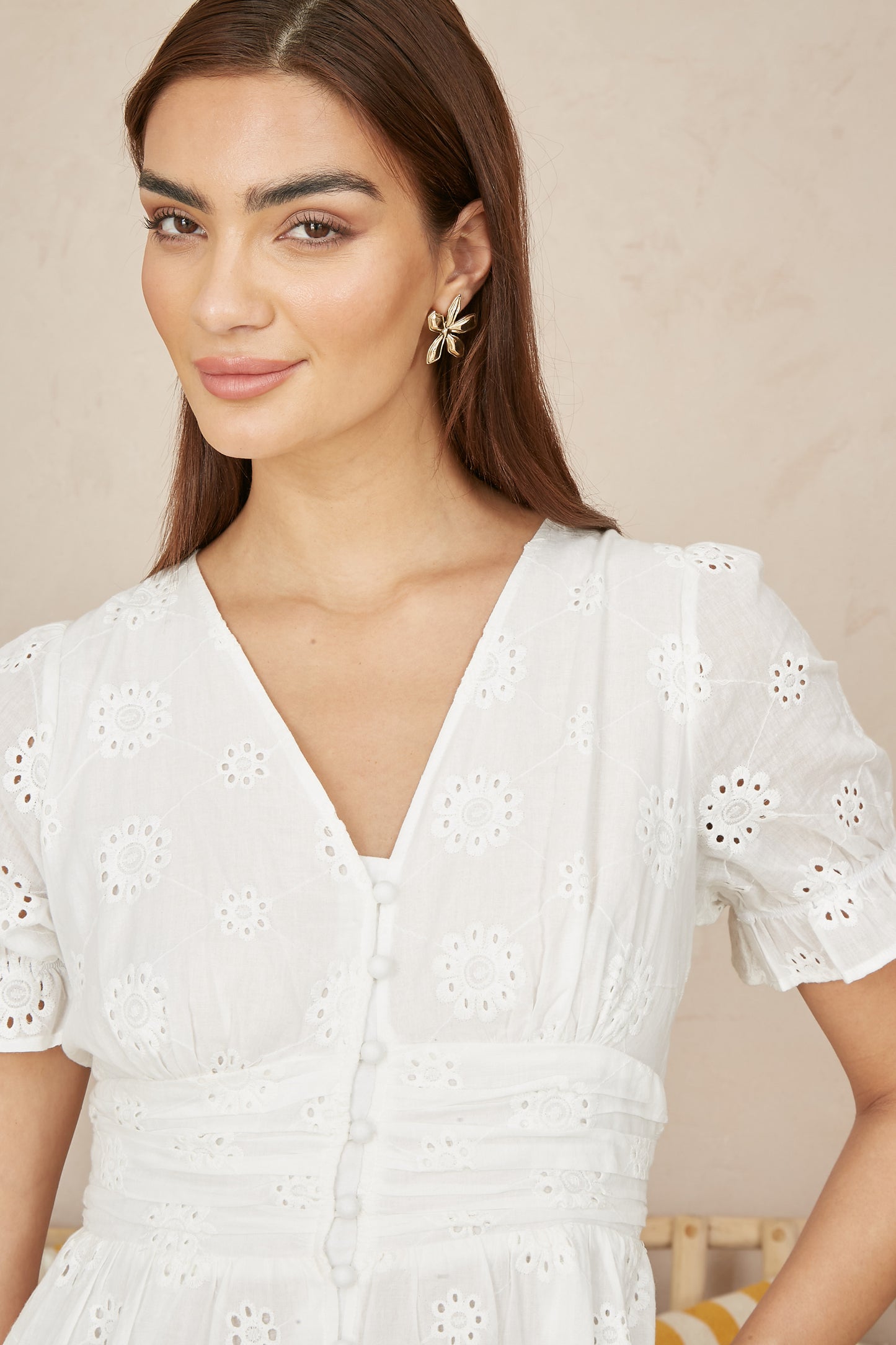 Yumi White Cotton Broderie Anglaise Midi Button Up Dress DRES Day Yumi