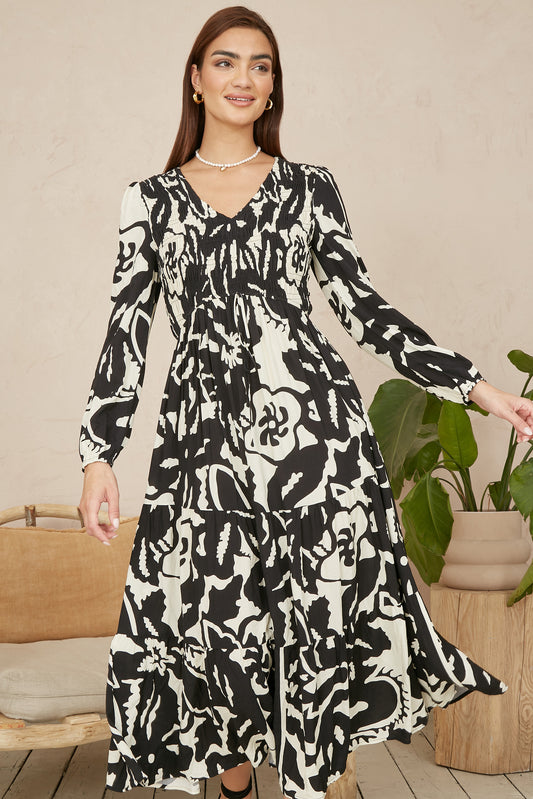 Yumi Black Abstract Print Ruched Midi Dress With Long Sleeves DRES Day Yumi