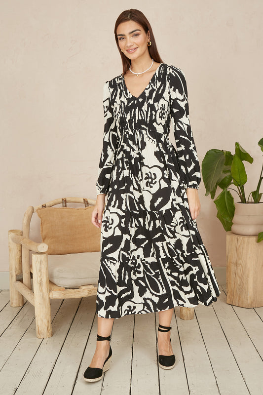 Yumi Black Abstract Print Ruched Midi Dress With Long Sleeves DRES Day Yumi