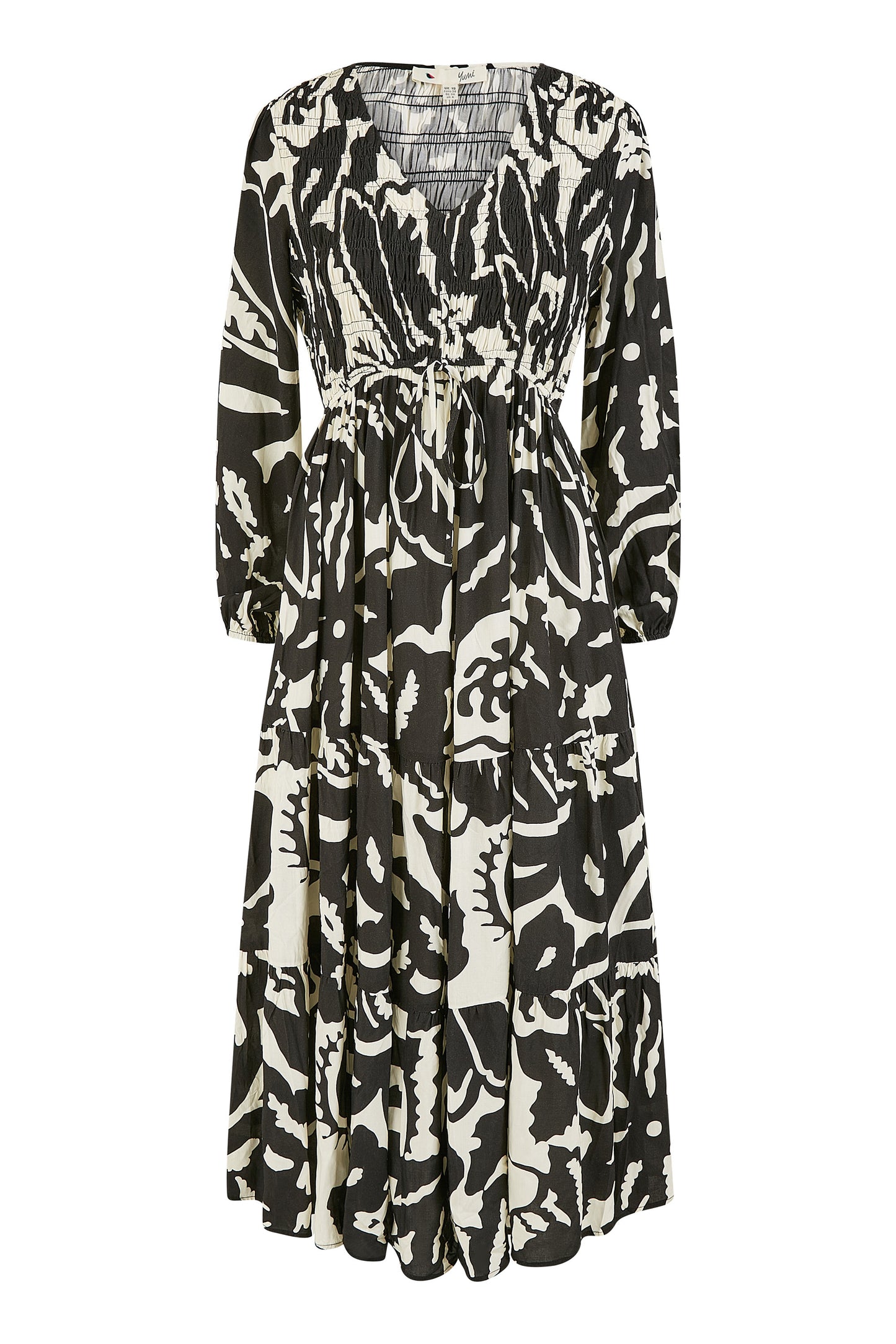 Yumi Black Abstract Print Ruched Midi Dress With Long Sleeves