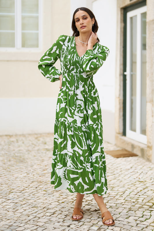 Yumi Green Abstract Print Ruched Midi Dress With Long Sleeves DRES Day Yumi