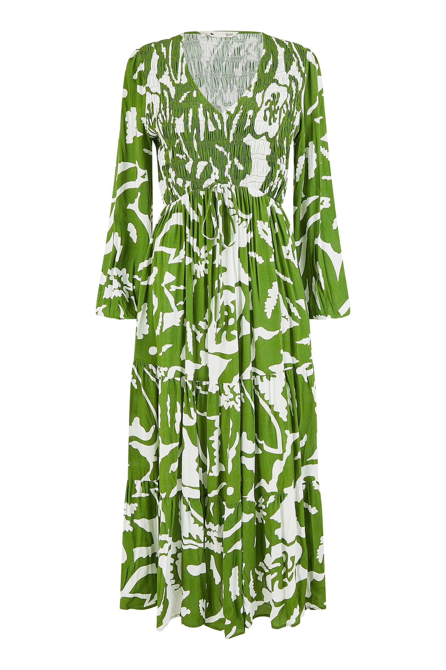 Yumi Green Abstract Print Ruched Midi Dress With Long Sleeves