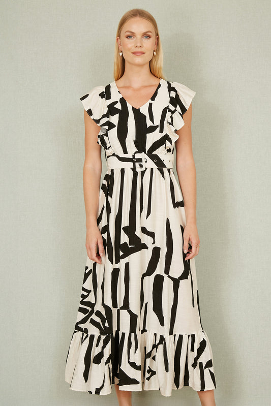 Yumi Ivory Abstract Print Viscose Midi Dress With Matching Belt DRES Day Yumi