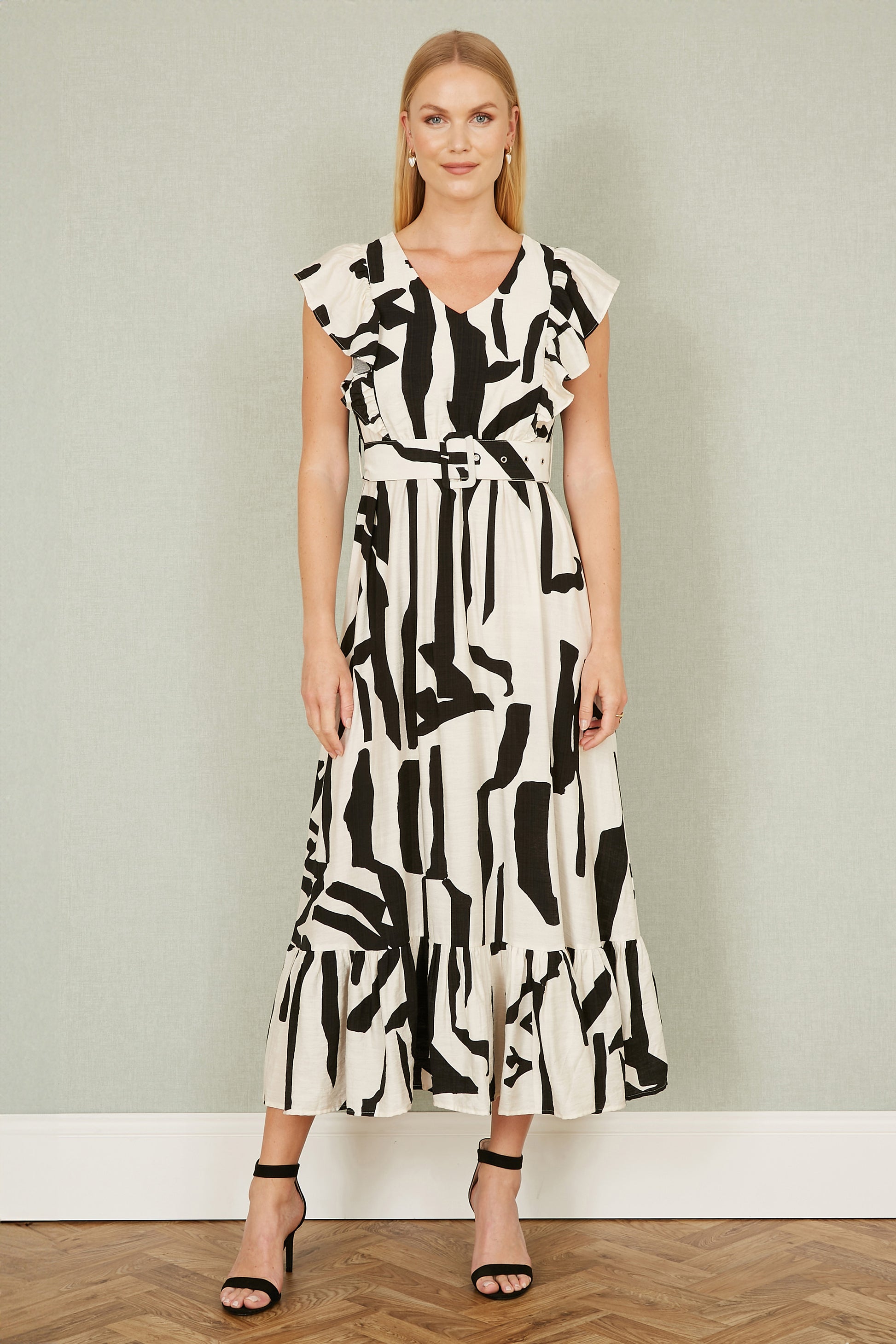 Yumi Ivory Abstract Print Viscose Midi Dress With Matching Belt DRES Day Yumi