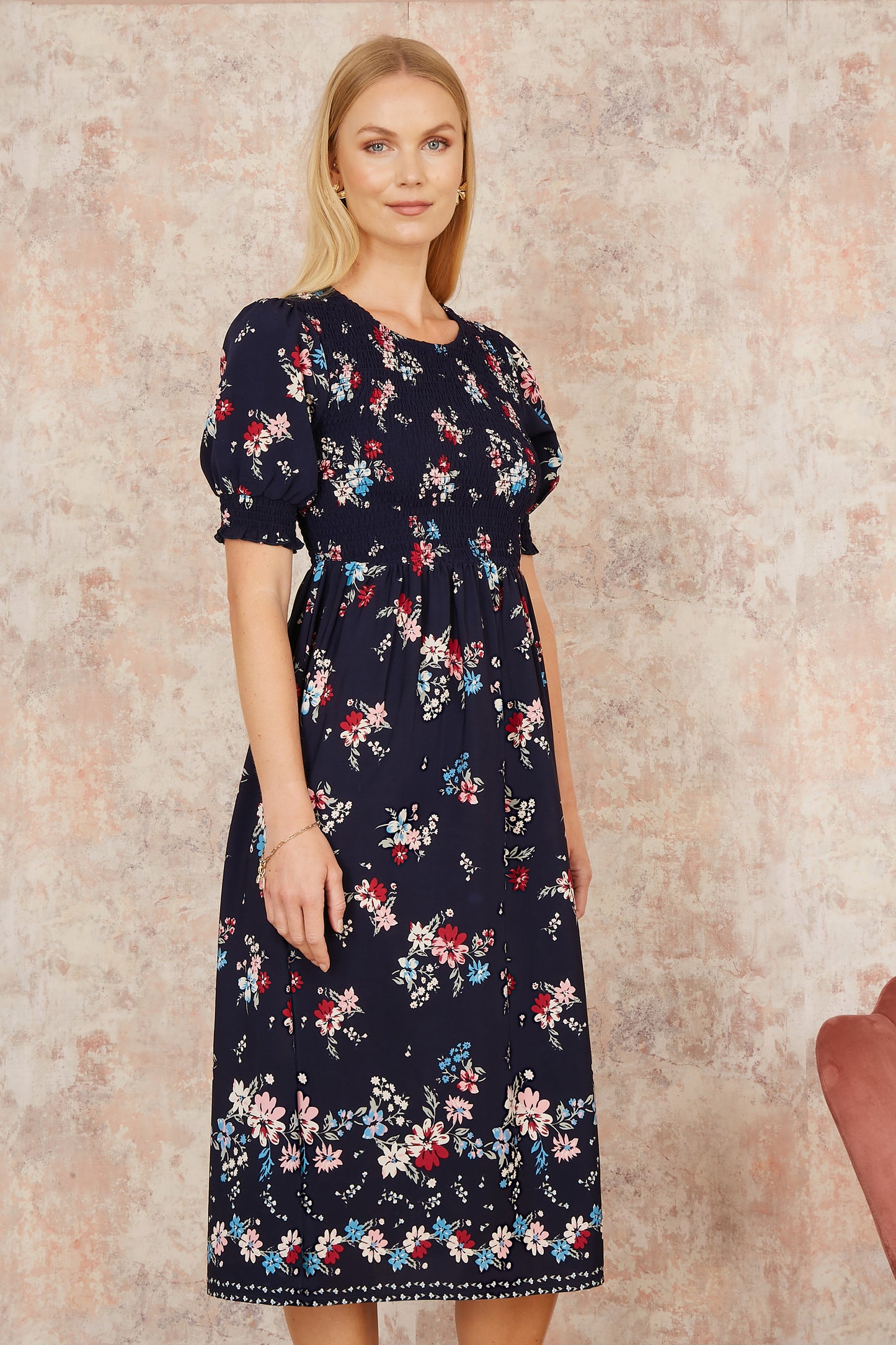 Yumi Navy Recycled Floral Ruched Midi Dress With Puff Sleeves DRES Day Yumi