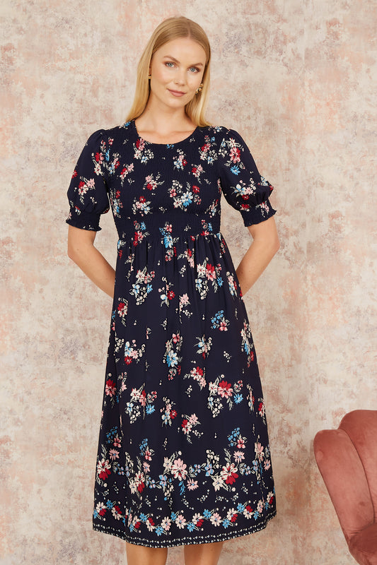 Yumi Navy Recycled Floral Ruched Midi Dress With Puff Sleeves DRES Day Yumi