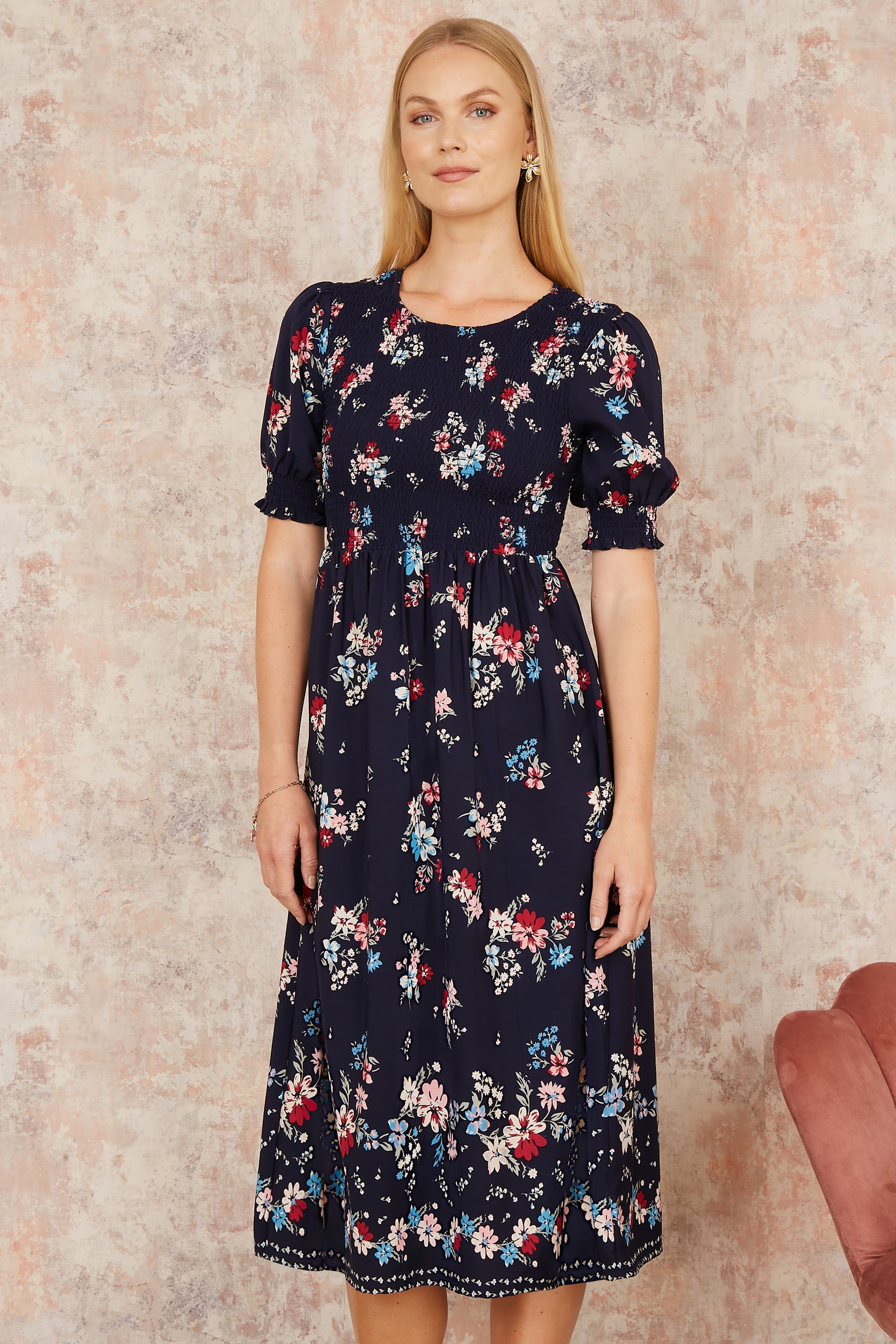 Yumi Navy Recycled Floral Ruched Midi Dress With Puff Sleeves DRES Day Yumi