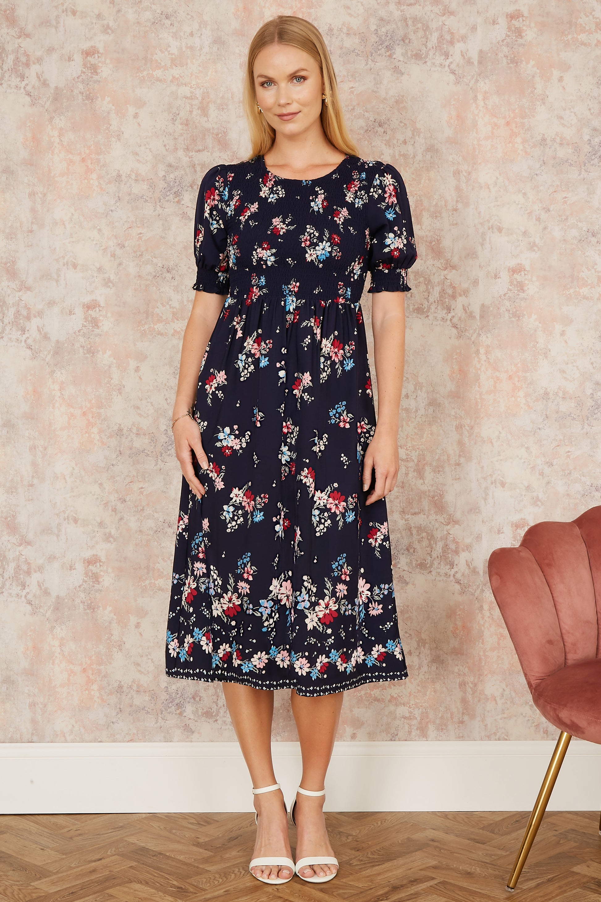 Yumi Navy Recycled Floral Ruched Midi Dress With Puff Sleeves DRES Day Yumi