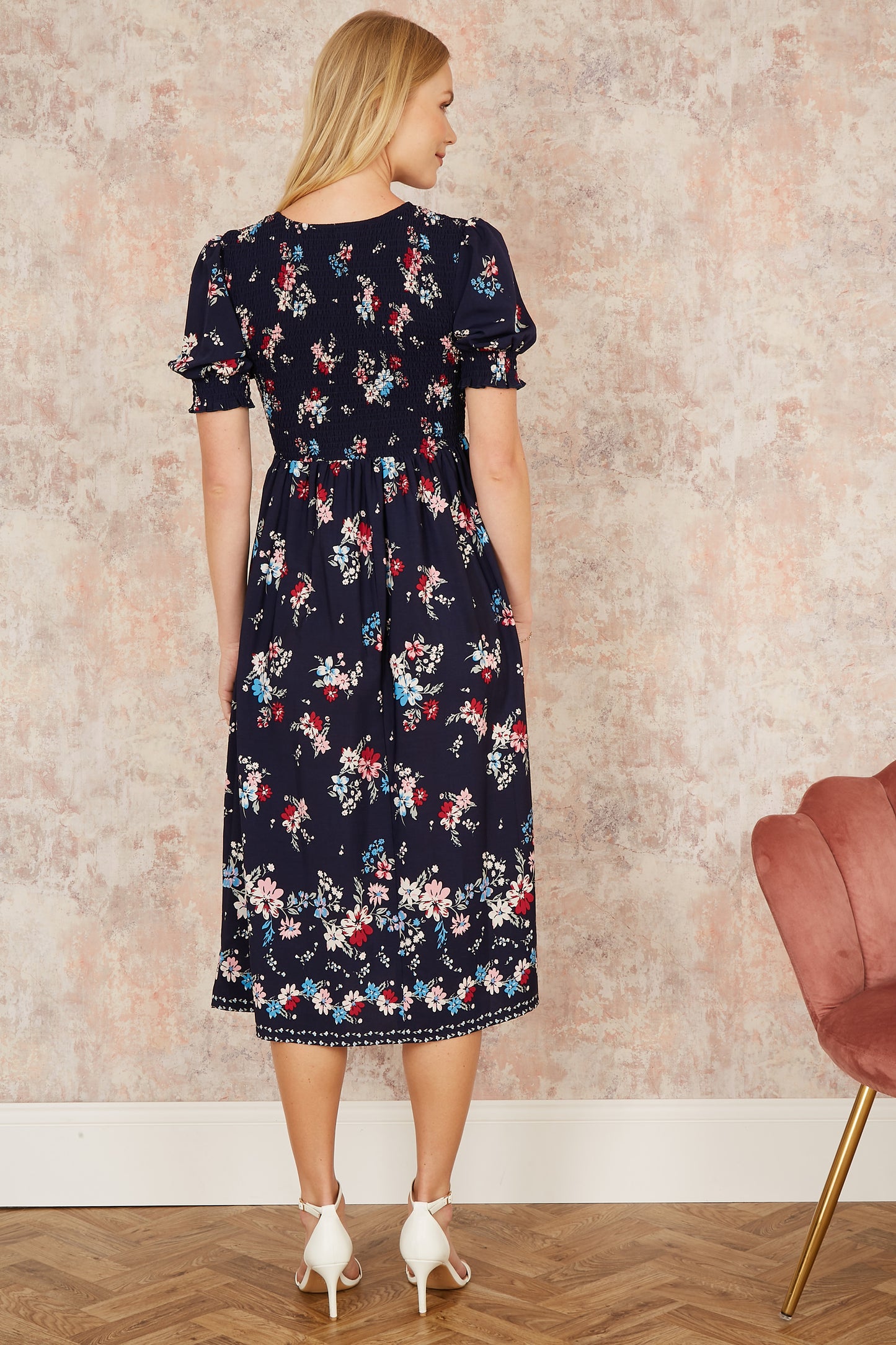 Yumi Navy Recycled Floral Ruched Midi Dress With Puff Sleeves DRES Day Yumi