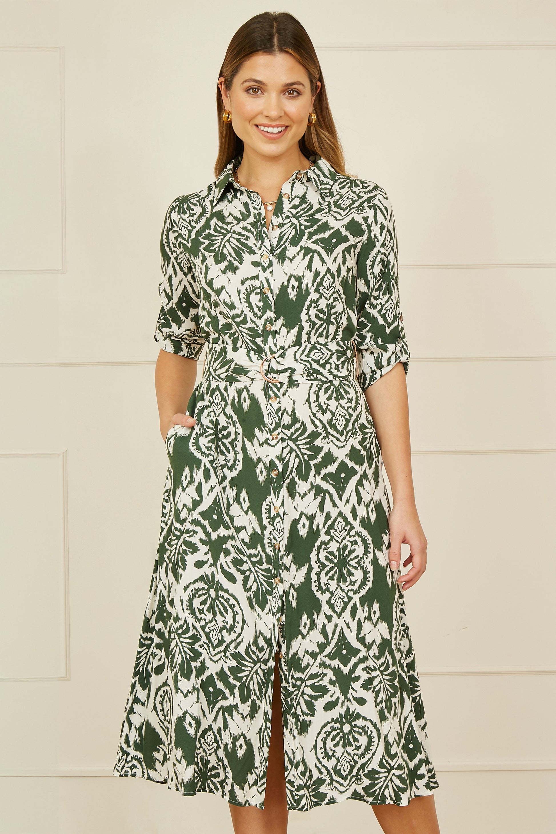 Yumi Green Ikat Geo Print Midi Shirt Dress DRES Day Yumi