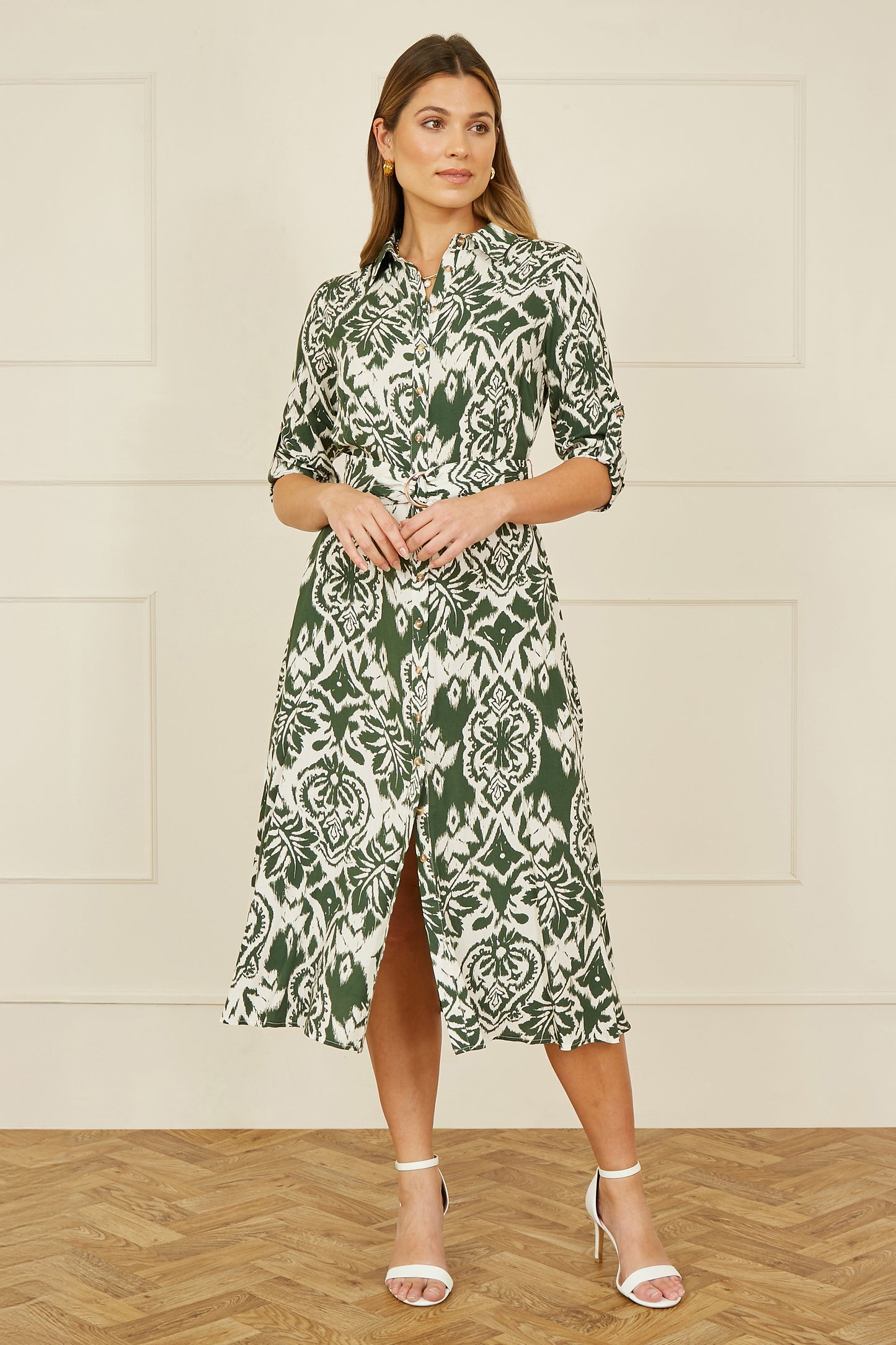 Yumi Green Ikat Geo Print Midi Shirt Dress DRES Day Yumi