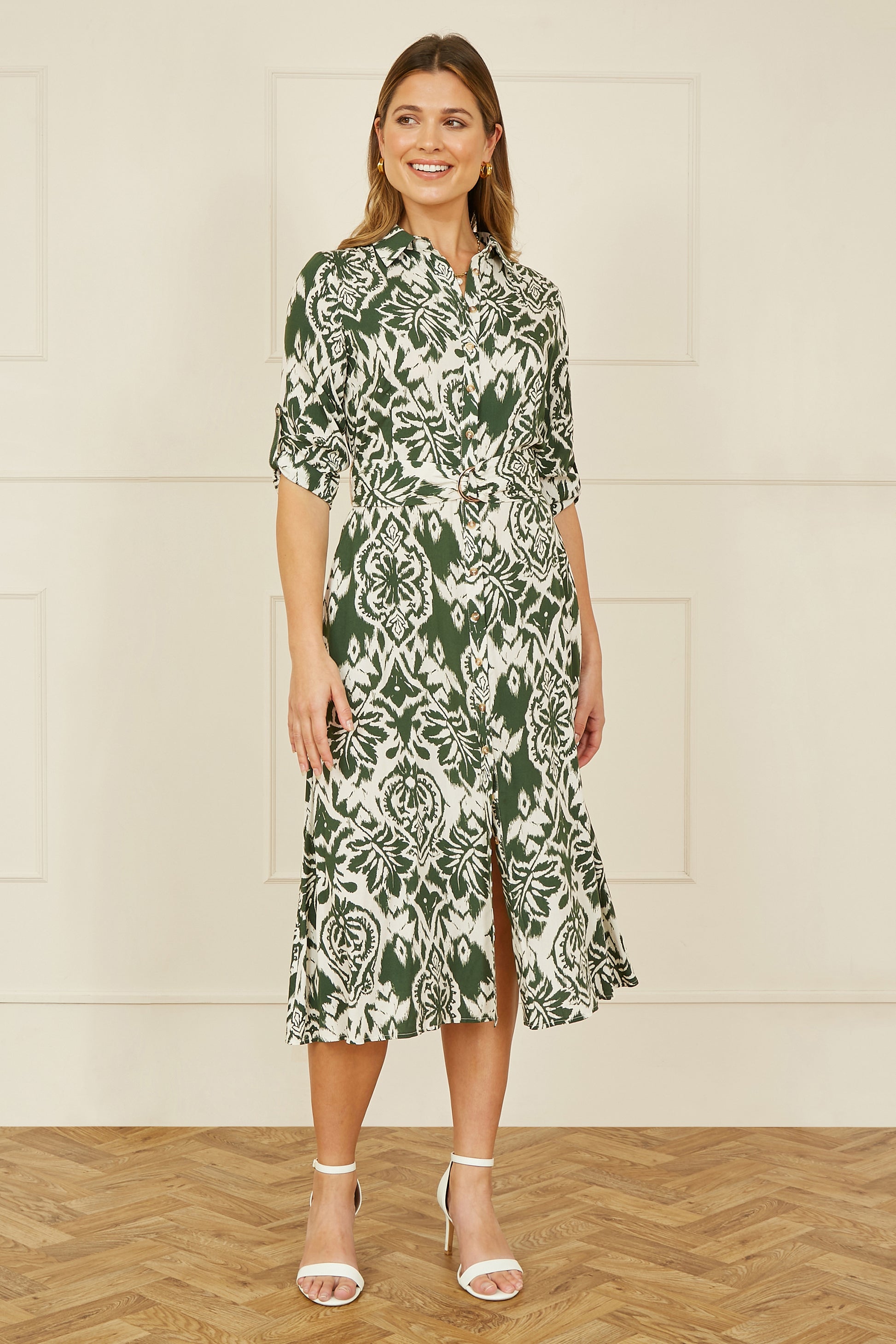 Yumi Green Ikat Geo Print Midi Shirt Dress DRES Day Yumi