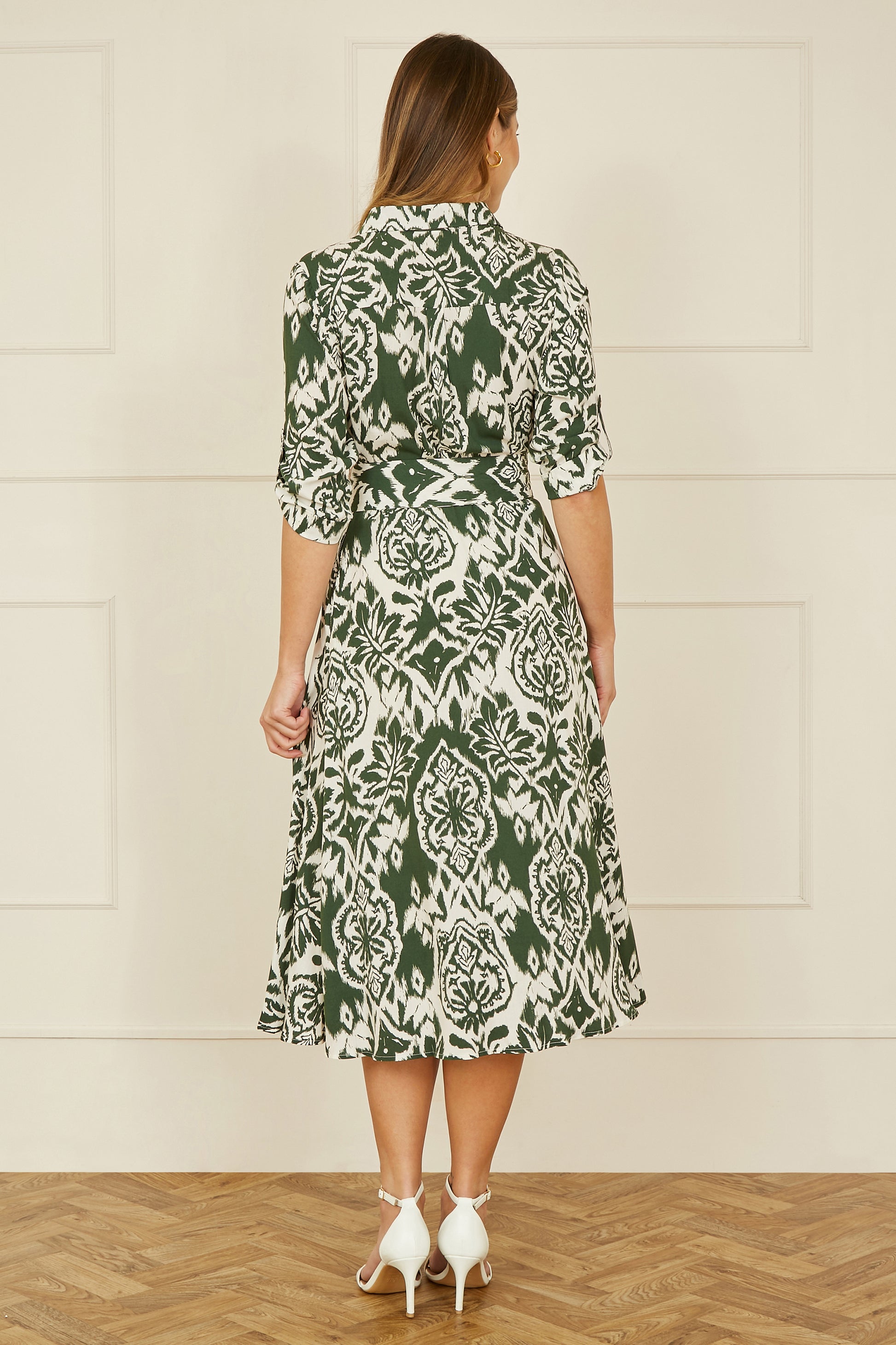 Yumi Green Ikat Geo Print Midi Shirt Dress DRES Day Yumi