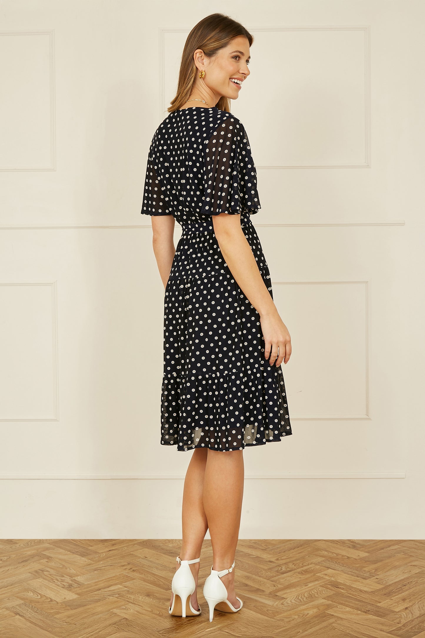 Yumi Navy Dot Print Mesh Stretch Midi Skater Dress DRES Day Yumi