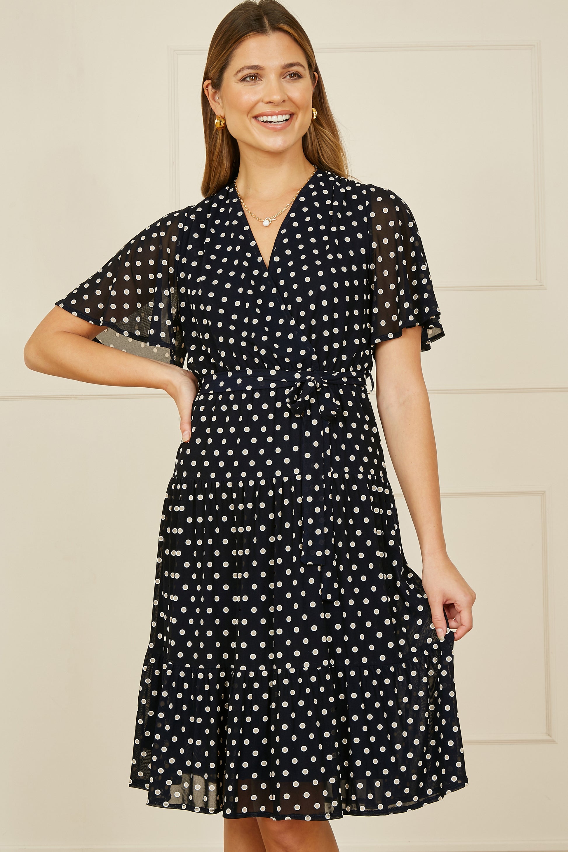 Yumi Navy Dot Print Mesh Stretch Midi Skater Dress DRES Day Yumi