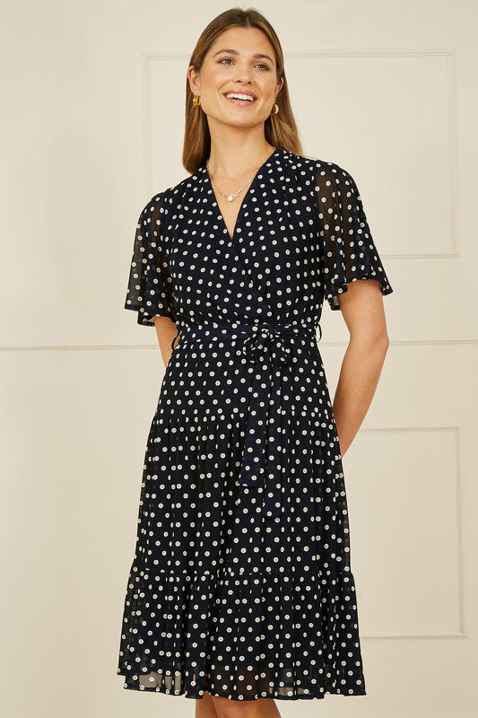 Yumi Navy Dot Print Mesh Stretch Midi Skater Dress DRES Day Yumi