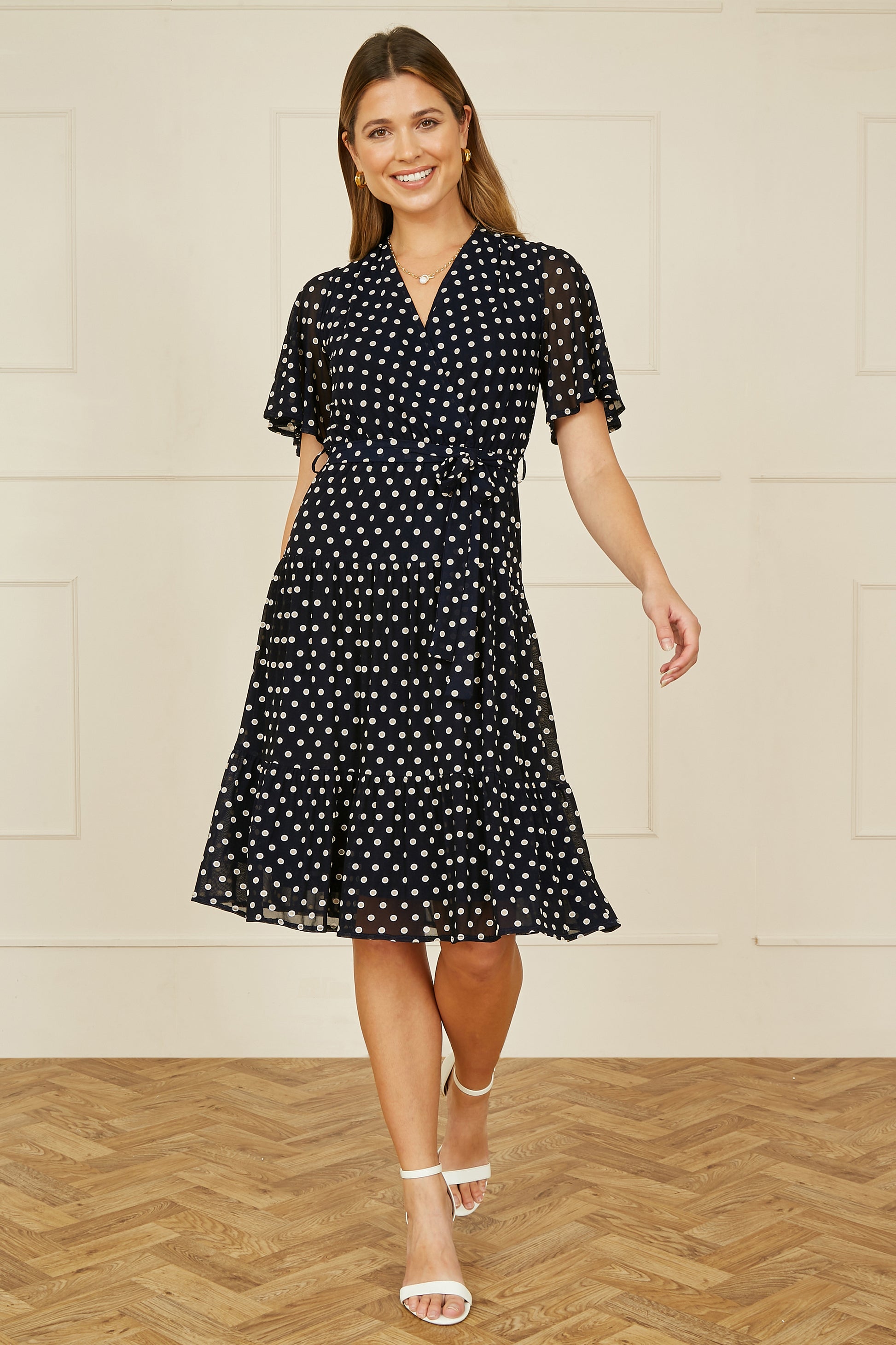 Yumi Navy Dot Print Mesh Stretch Midi Skater Dress DRES Day Yumi