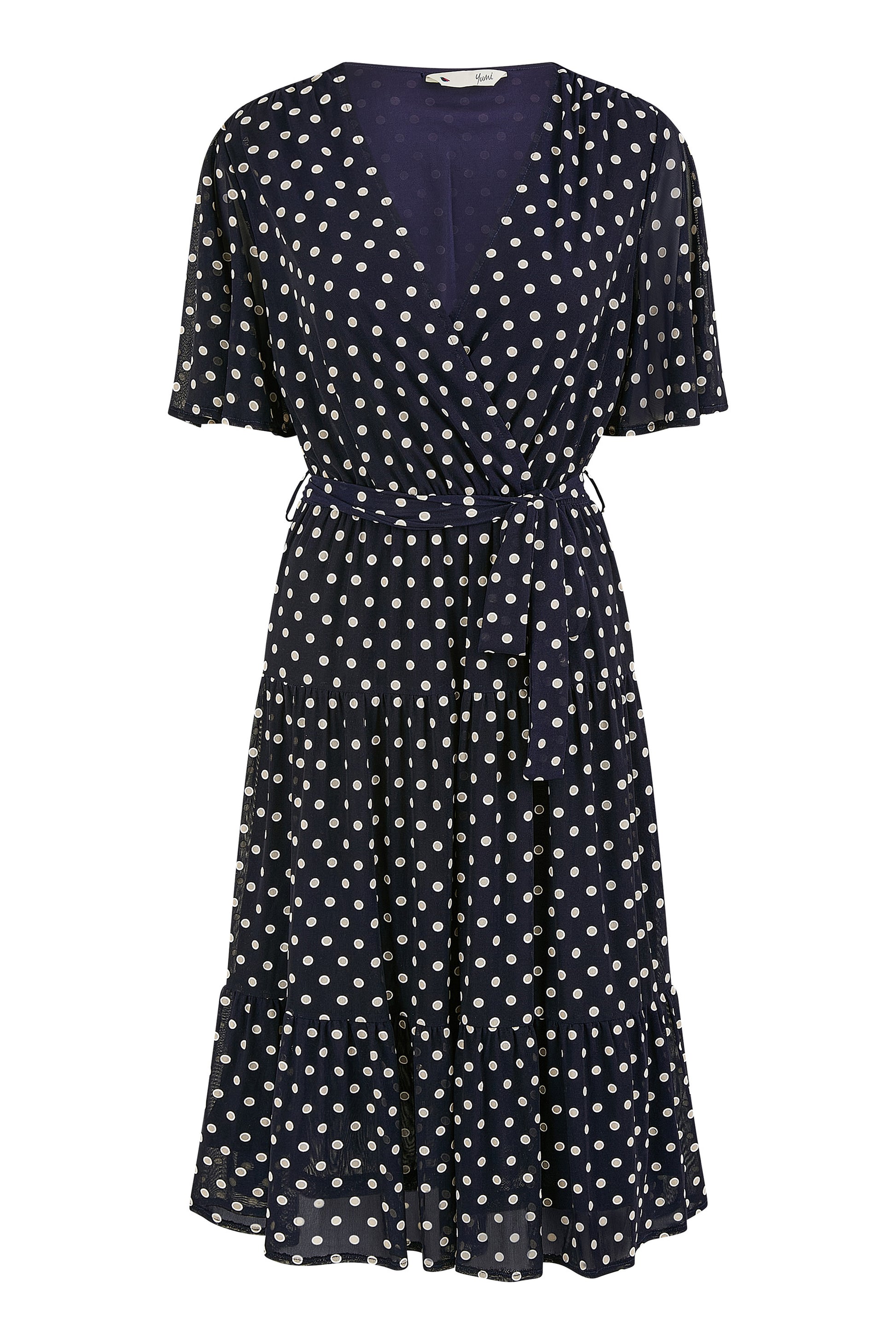 Yumi Navy Dot Print Mesh Stretch Midi Skater Dress DRES Day Yumi